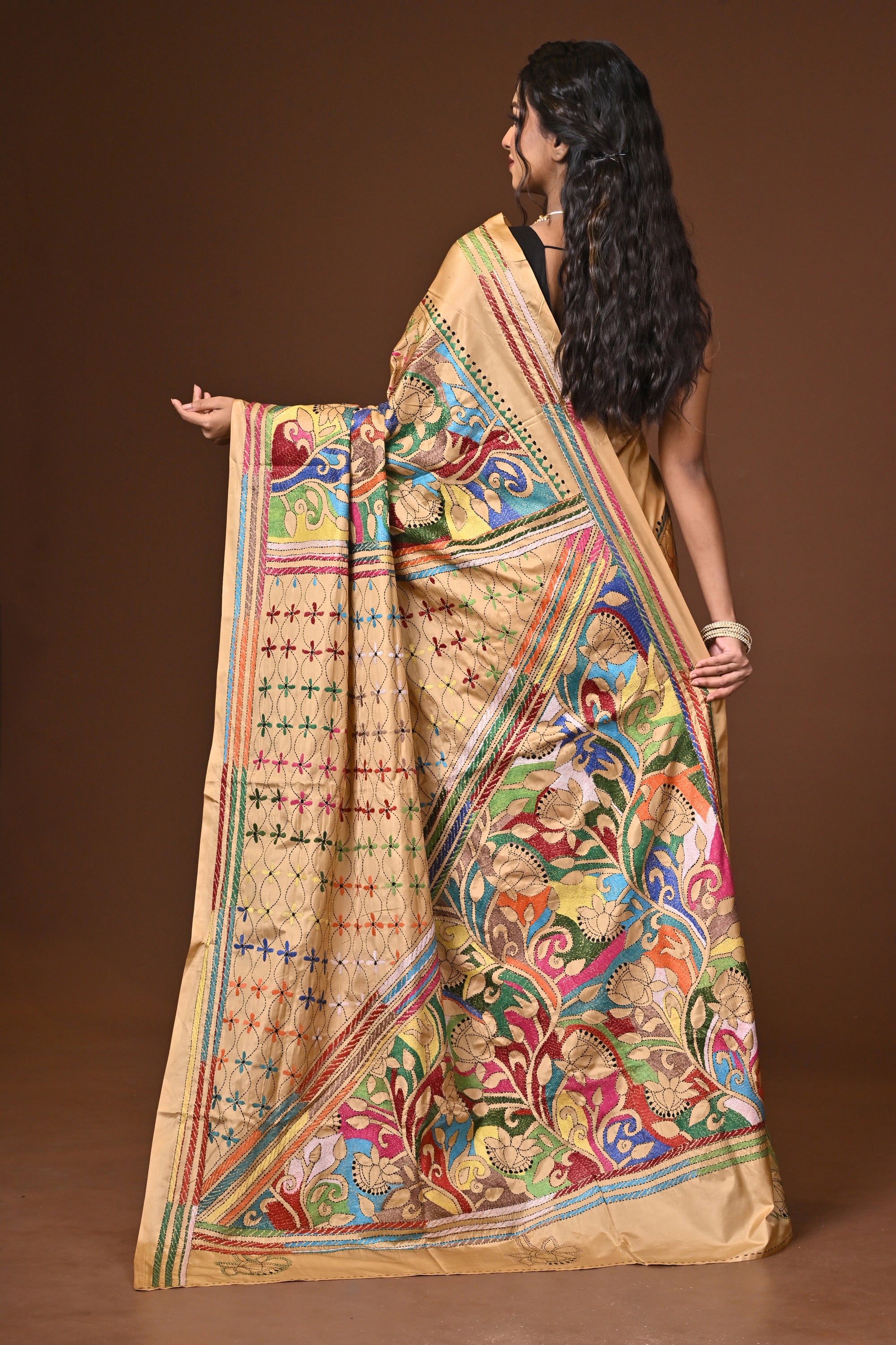 Blended Silk Kantha Stitch Saree Beige Thumbnail