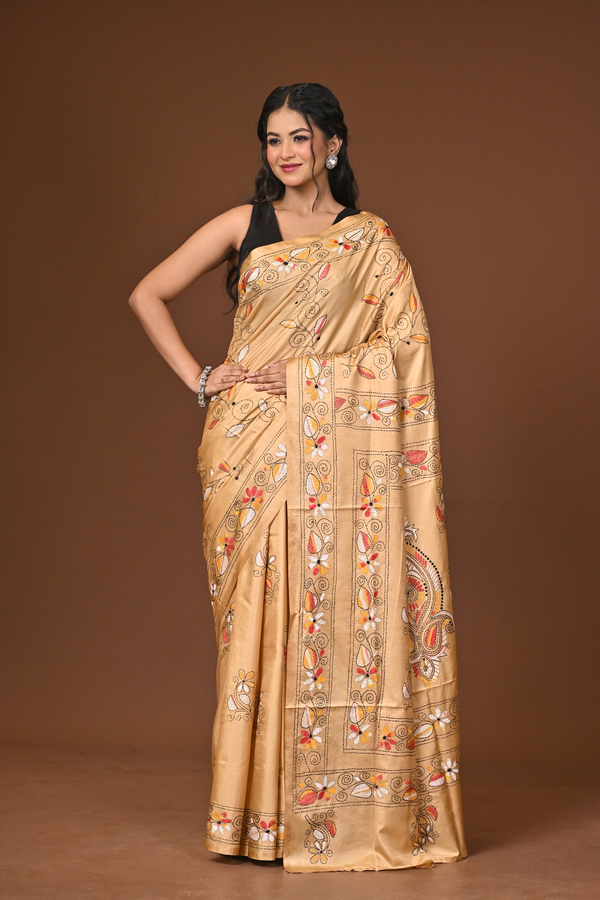 Blended Silk Kantha Stitch Saree Beige Thumbnail