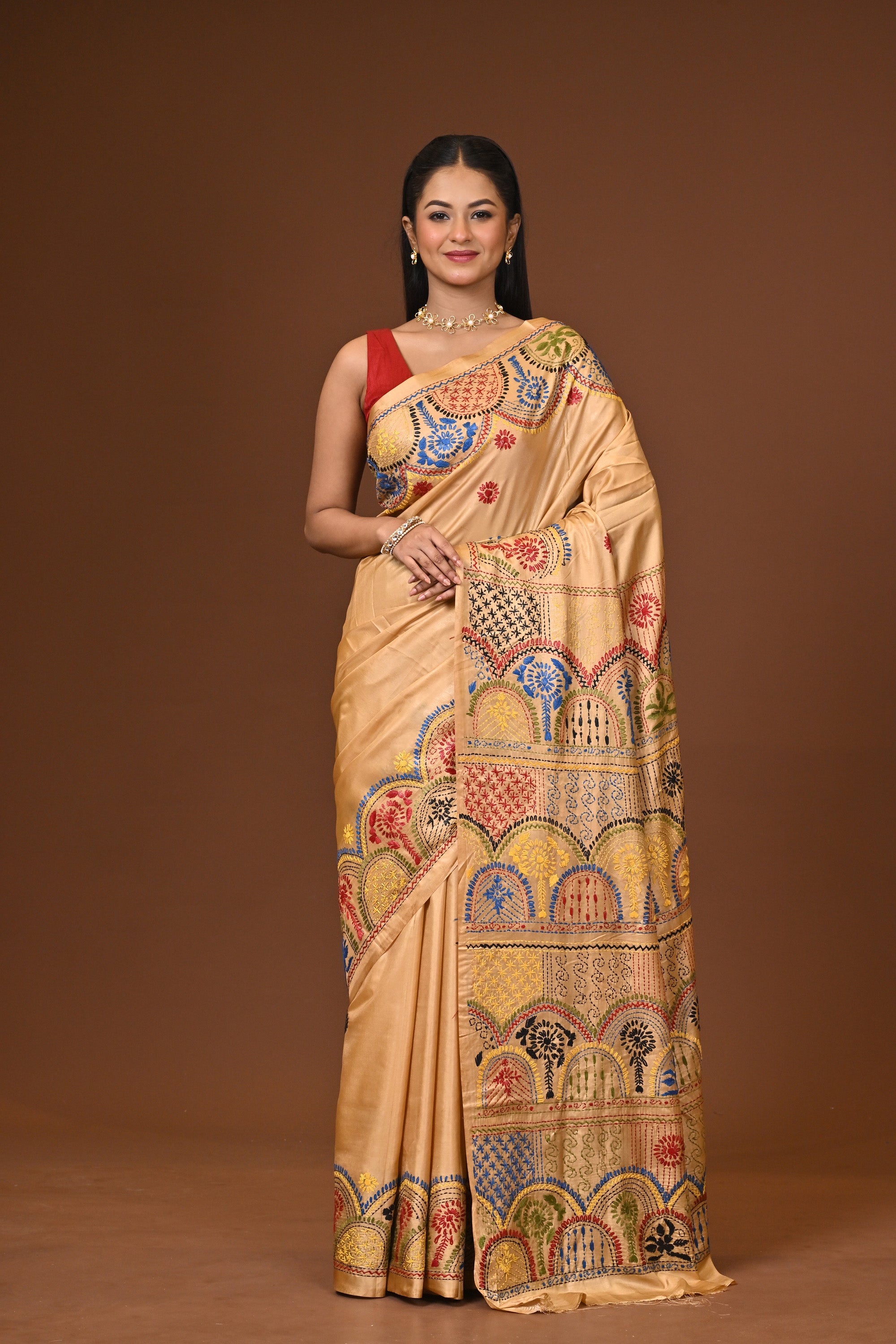 Blended Silk Kantha Stitch Saree Biege Thumbnail