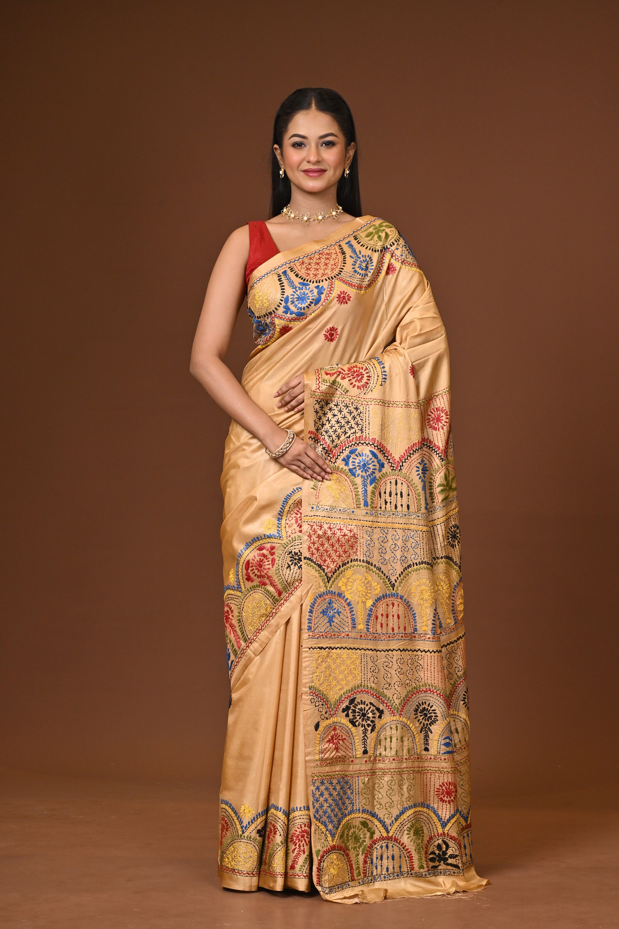 Blended Silk Kantha Stitch Saree Biege Thumbnail