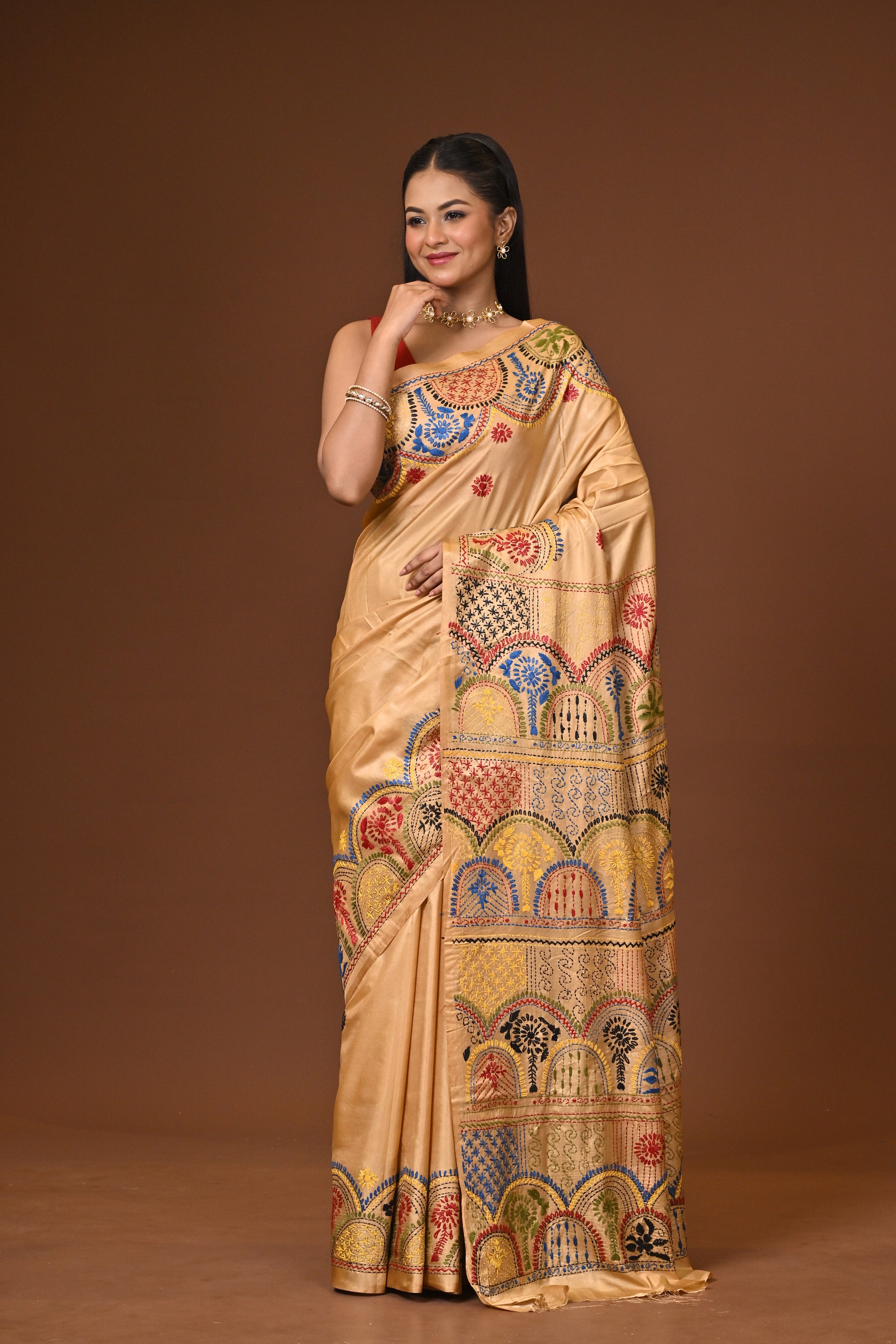 Blended Silk Kantha Stitch Saree Biege Thumbnail