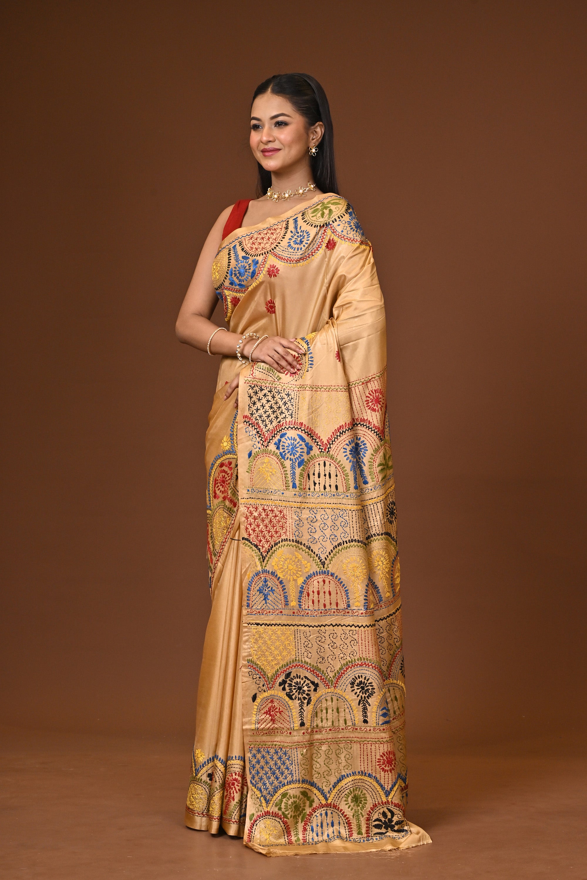 Blended Silk Kantha Stitch Saree Biege Thumbnail