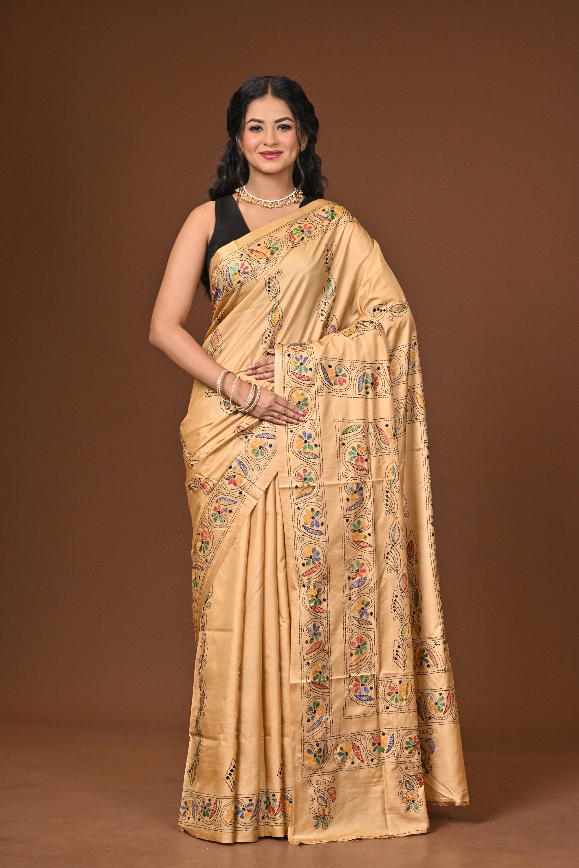 Blended Silk Kantha Stitch Saree Biege Thumbnail