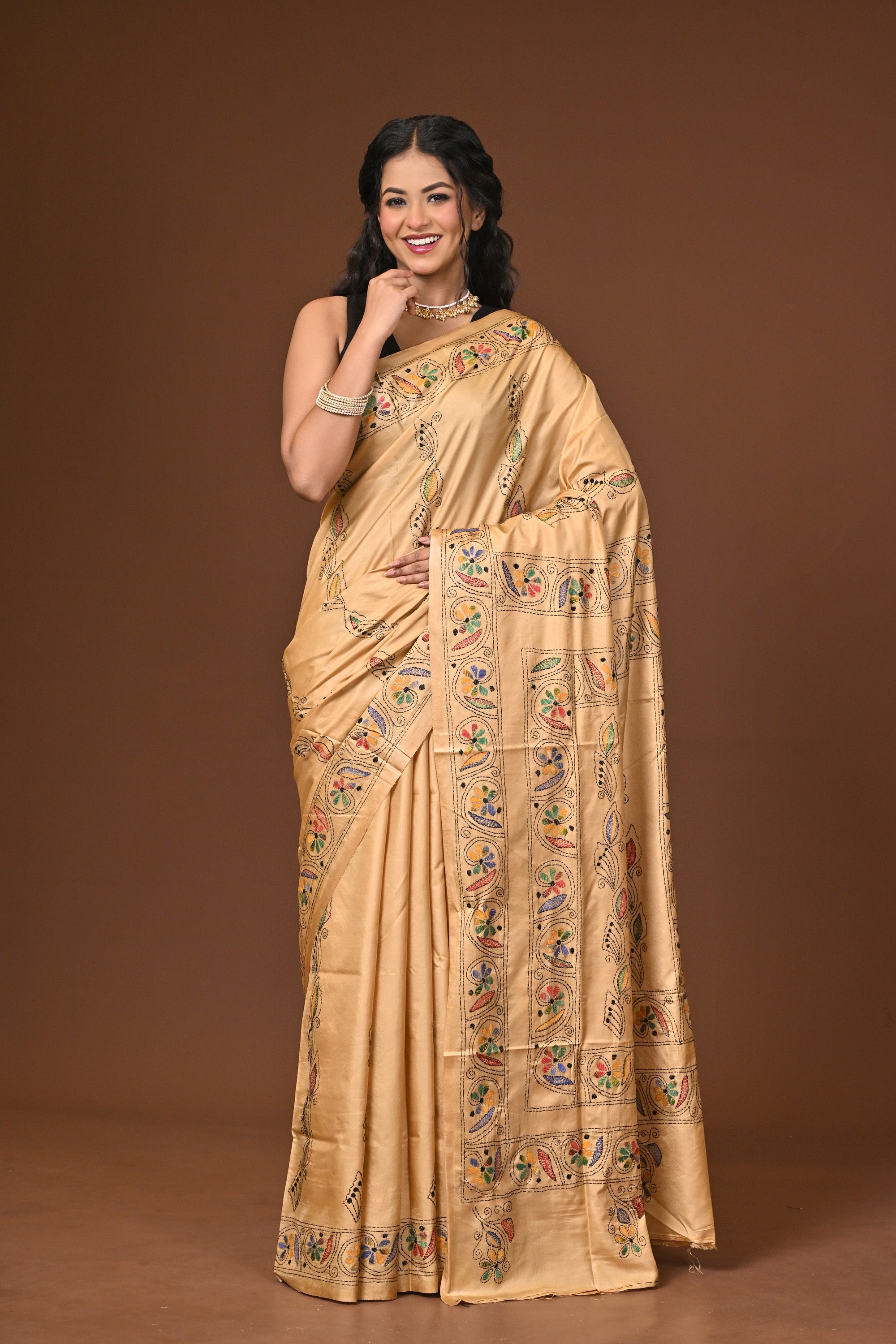 Blended Silk Kantha Stitch Saree Biege Thumbnail