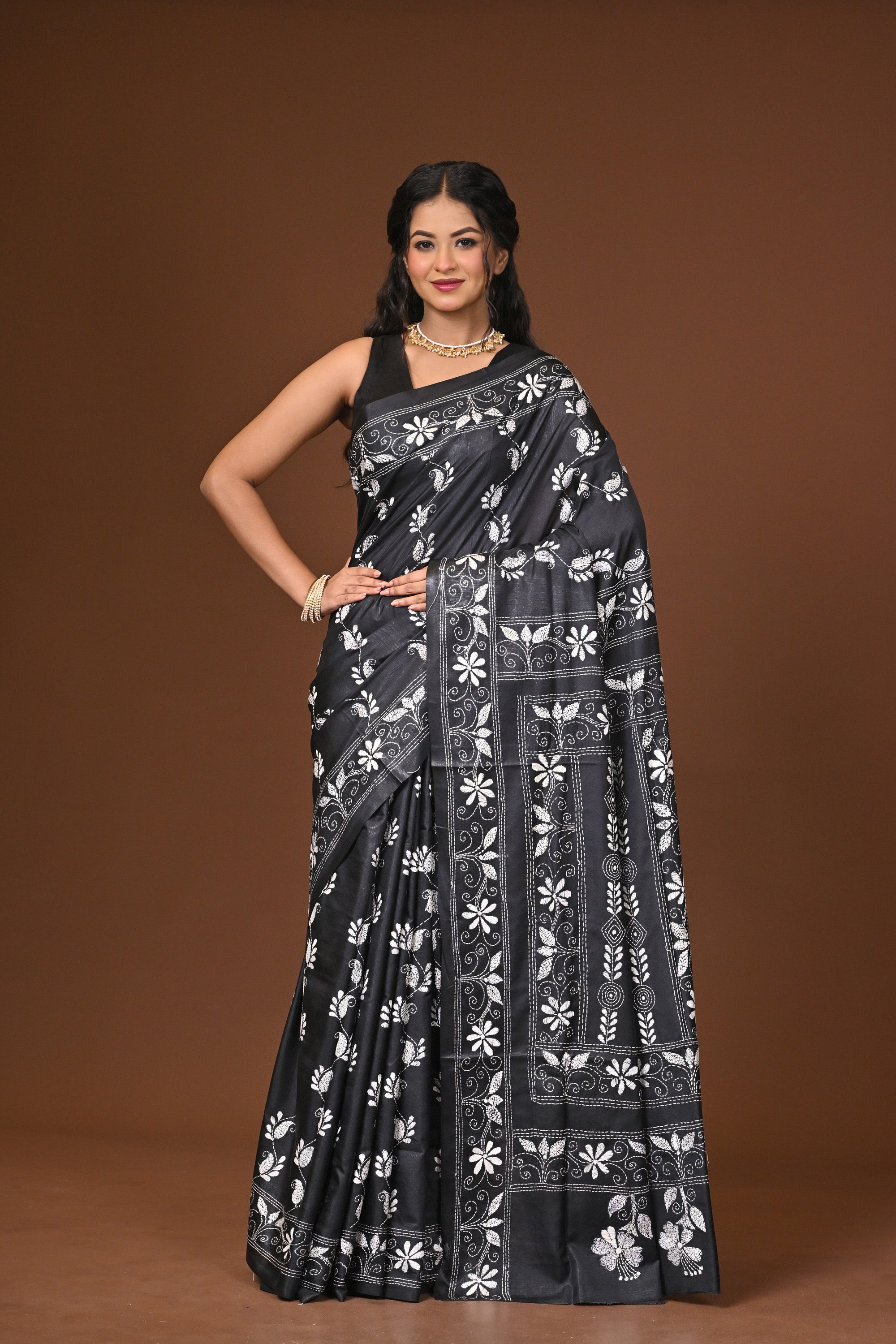 Blended Silk Kantha Stitch Saree Black Thumbnail