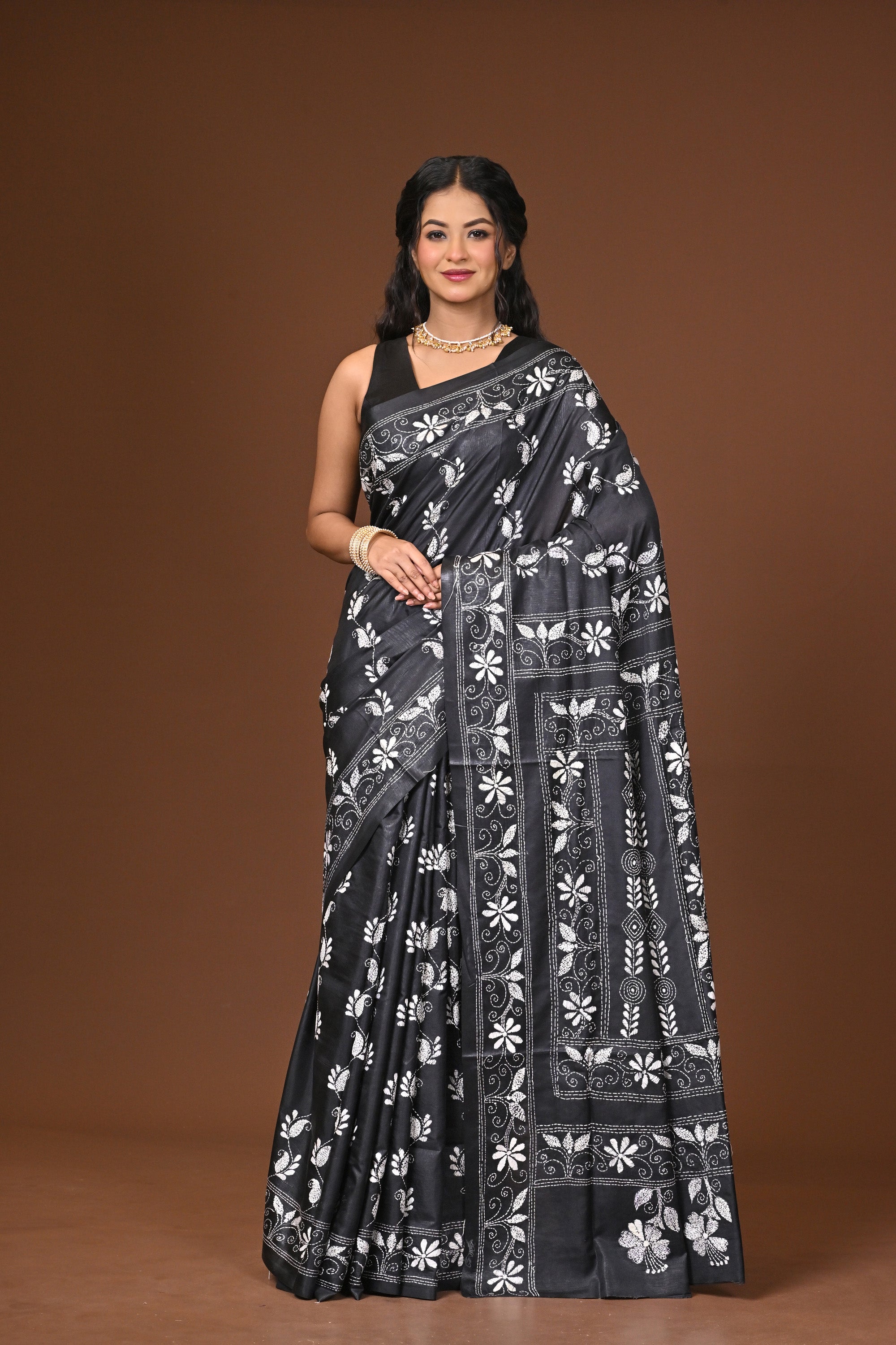 Blended Silk Kantha Stitch Saree Black Thumbnail