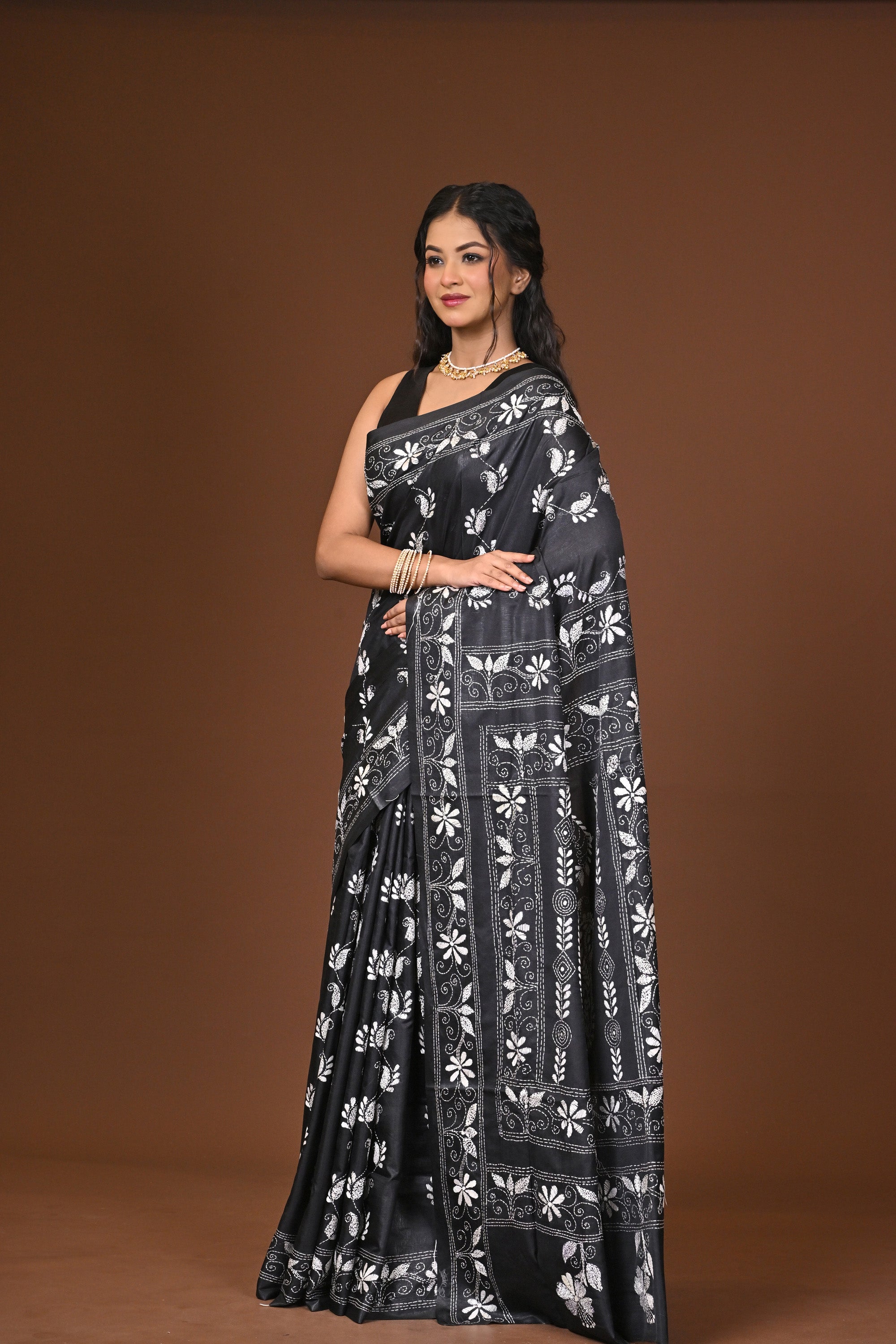Blended Silk Kantha Stitch Saree Black Thumbnail