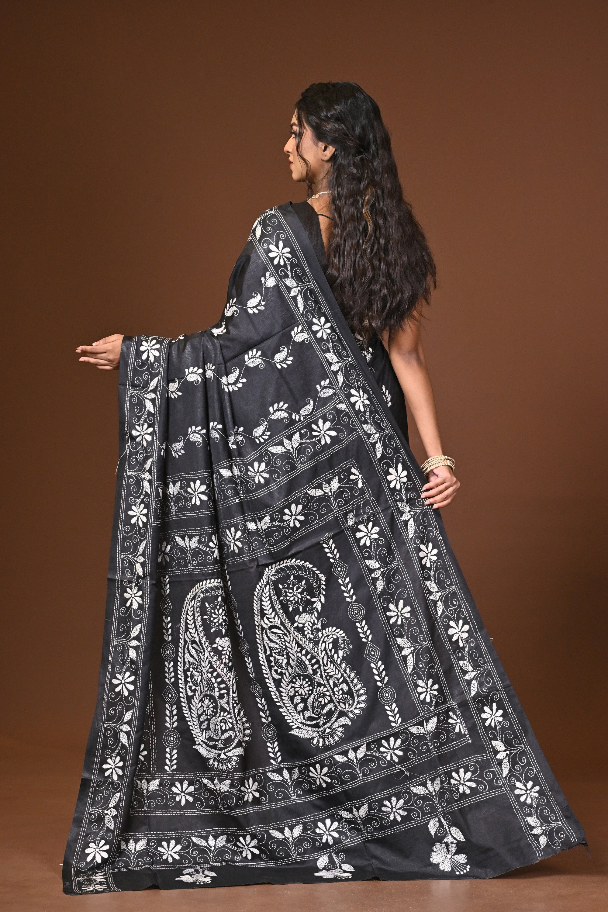 Blended Silk Kantha Stitch Saree Black Thumbnail