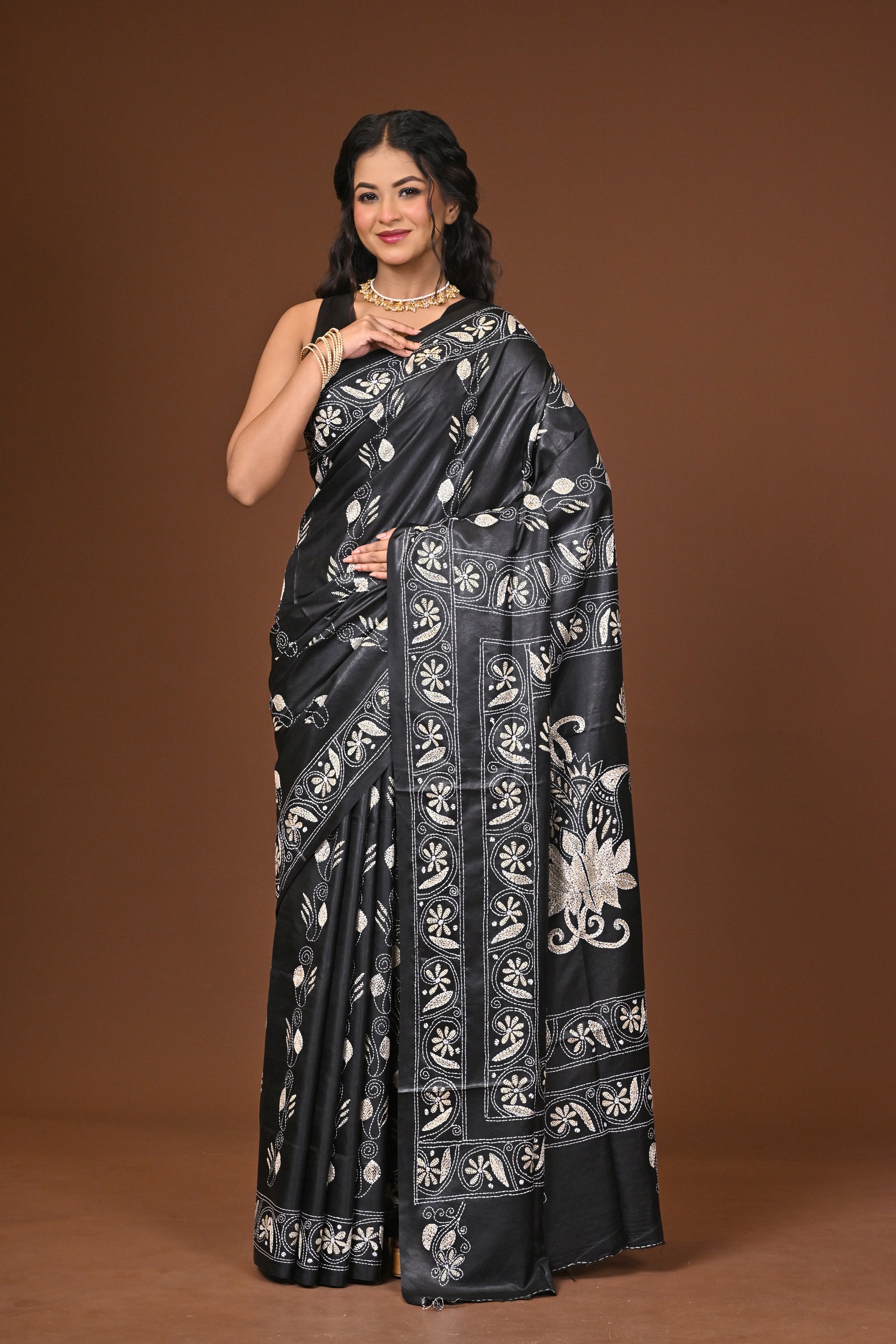 Blended Silk Kantha Stitch Saree Black Thumbnail