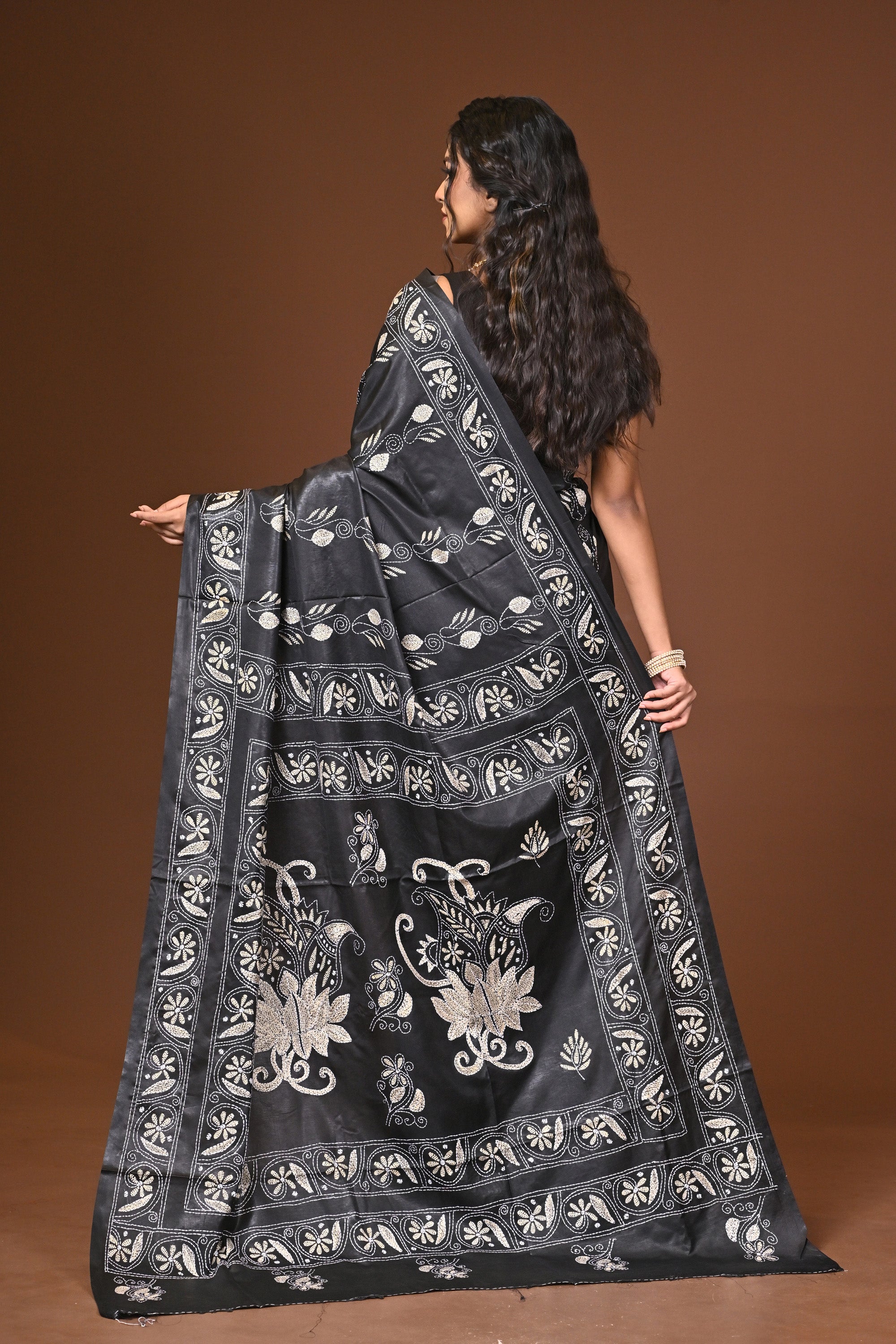 Blended Silk Kantha Stitch Saree Black Thumbnail