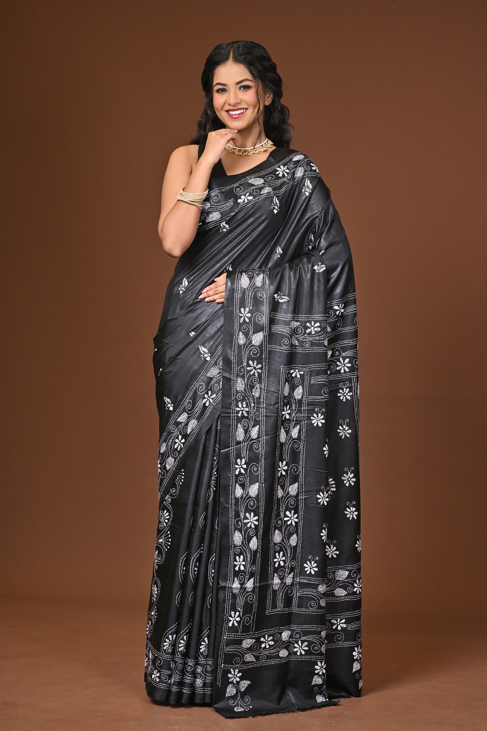 Blended Silk Kantha Stitch Saree Black Thumbnail