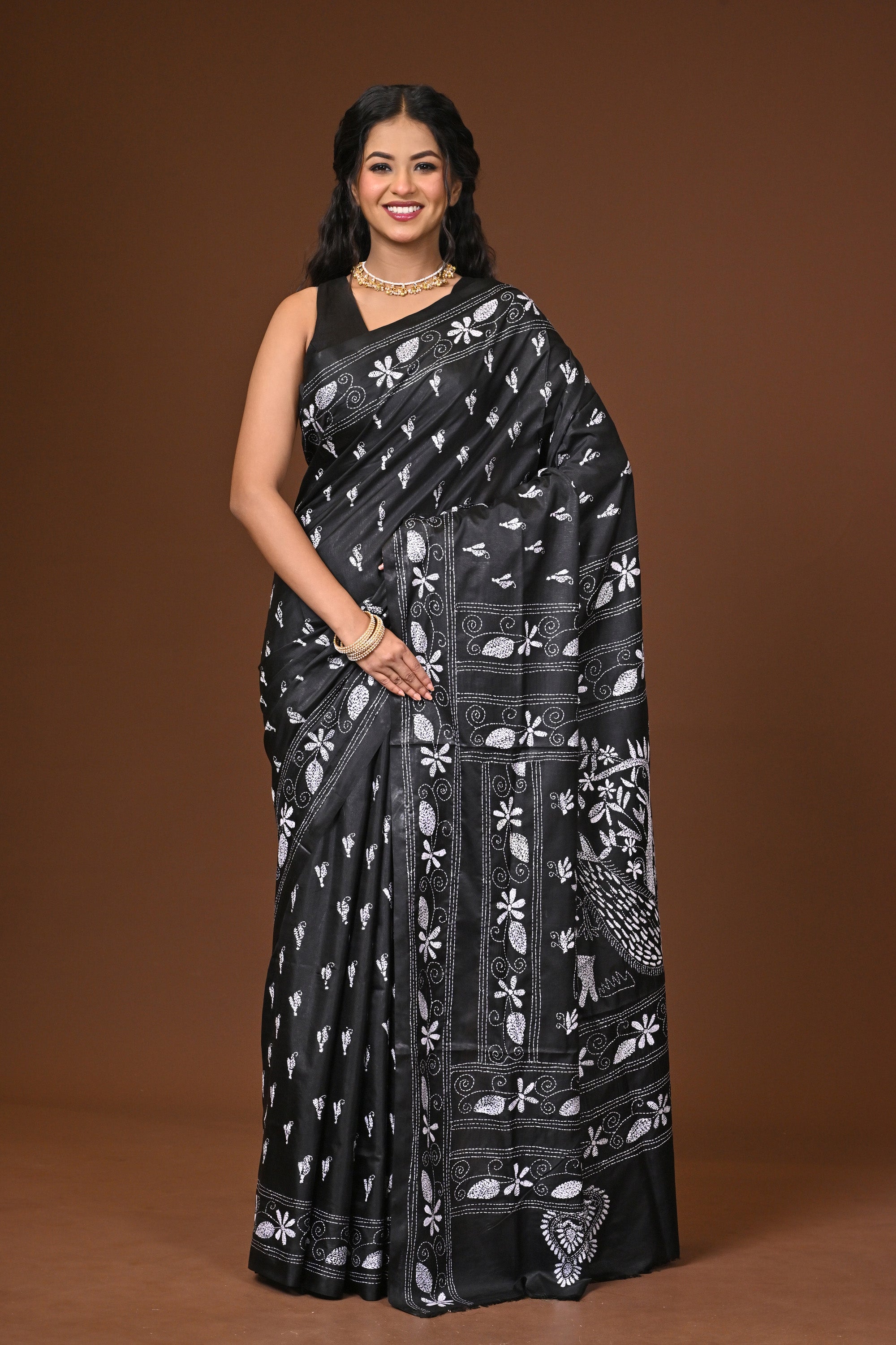Blended Silk Kantha Stitch Saree Black