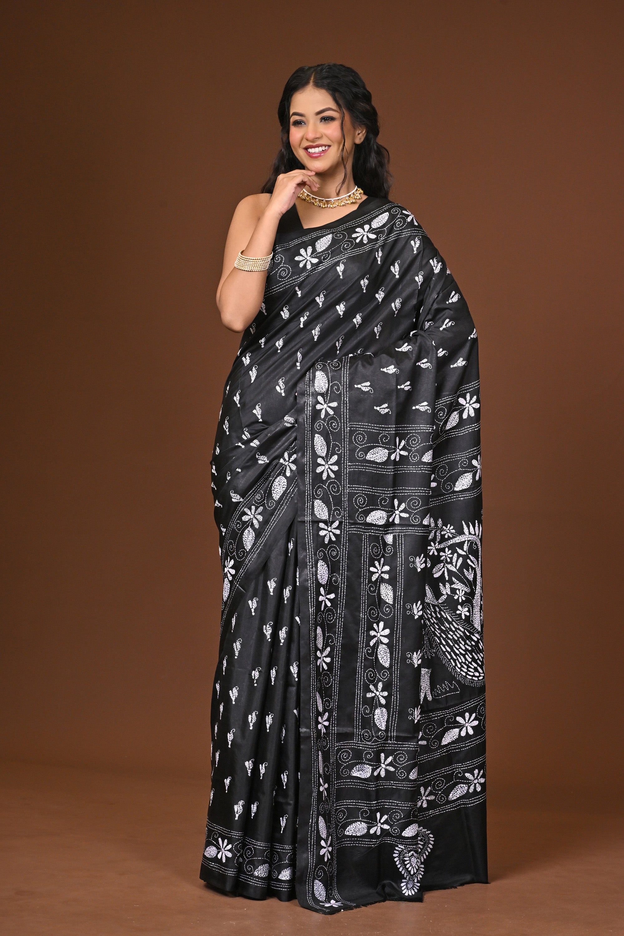 Blended Silk Kantha Stitch Saree Black Thumbnail