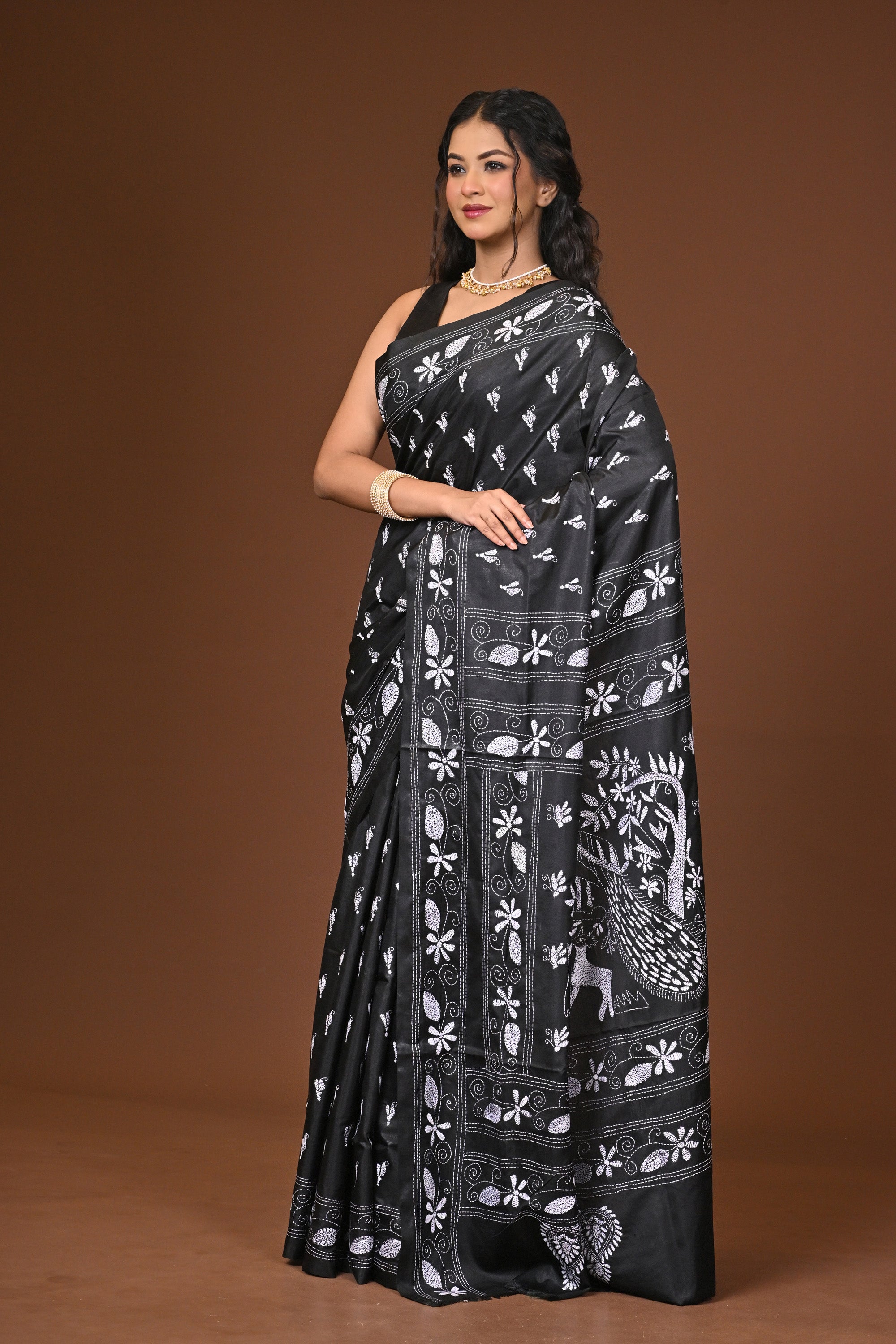 Blended Silk Kantha Stitch Saree Black Thumbnail