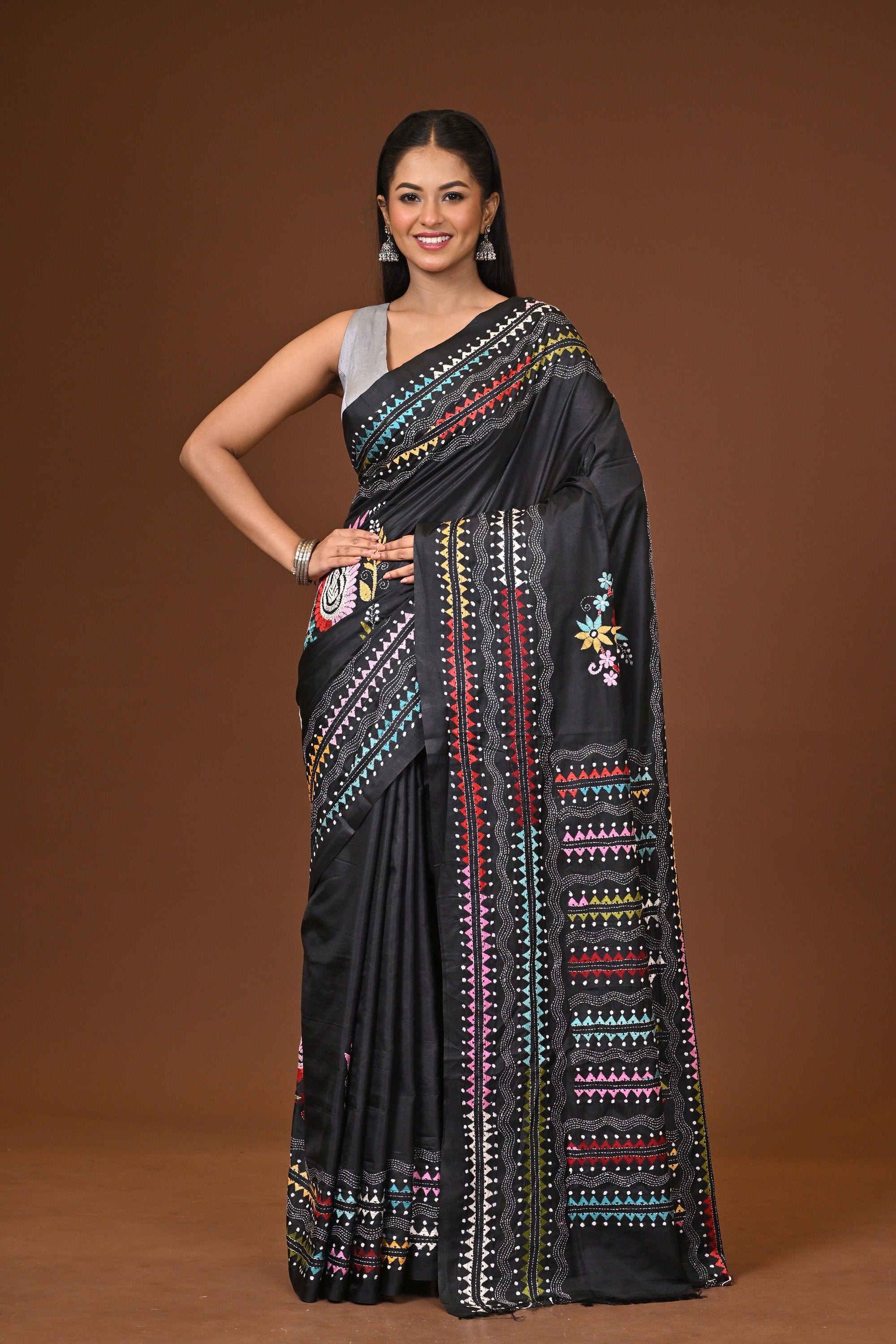Blended Silk Kantha Stitch Saree Black Thumbnail