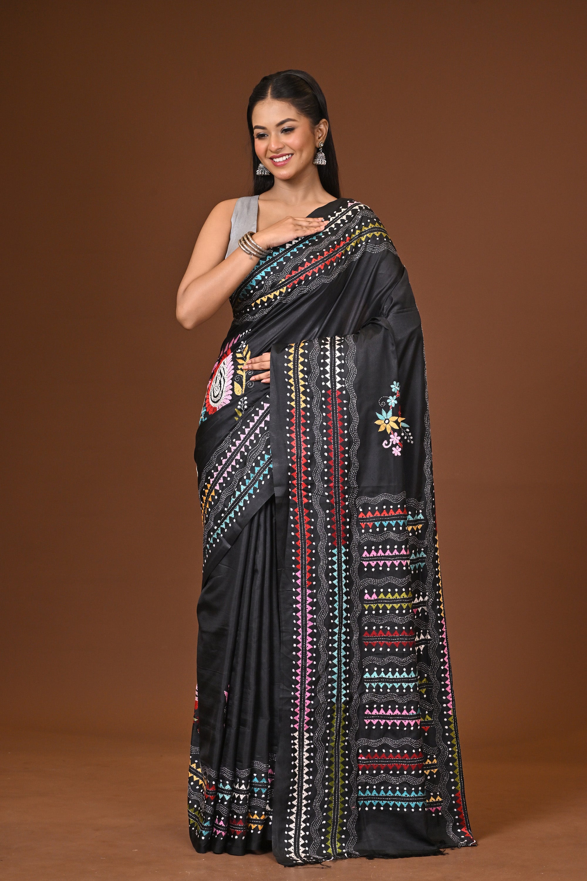 Blended Silk Kantha Stitch Saree Black Thumbnail