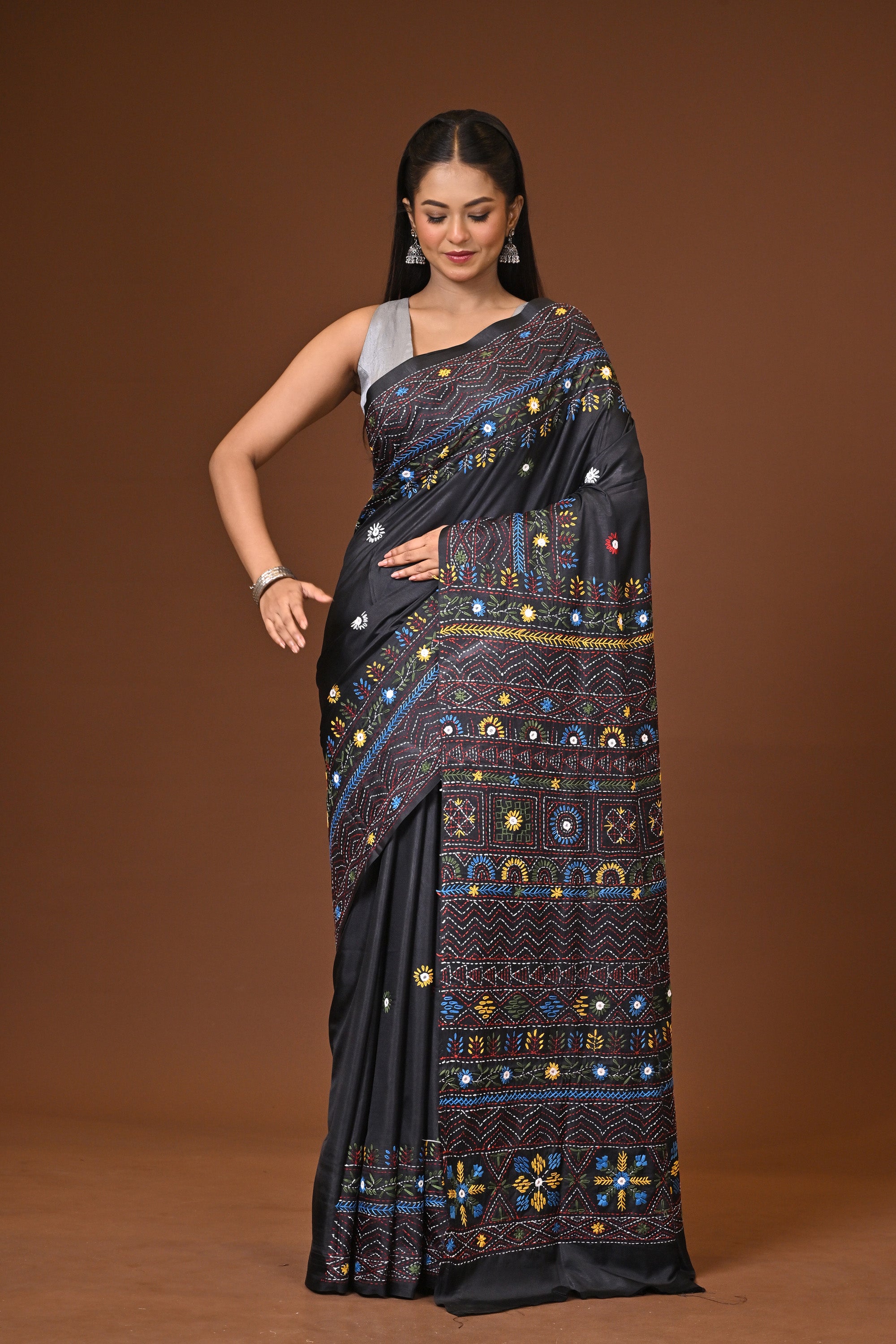 Blended Silk Kantha Stitch Saree Black Thumbnail