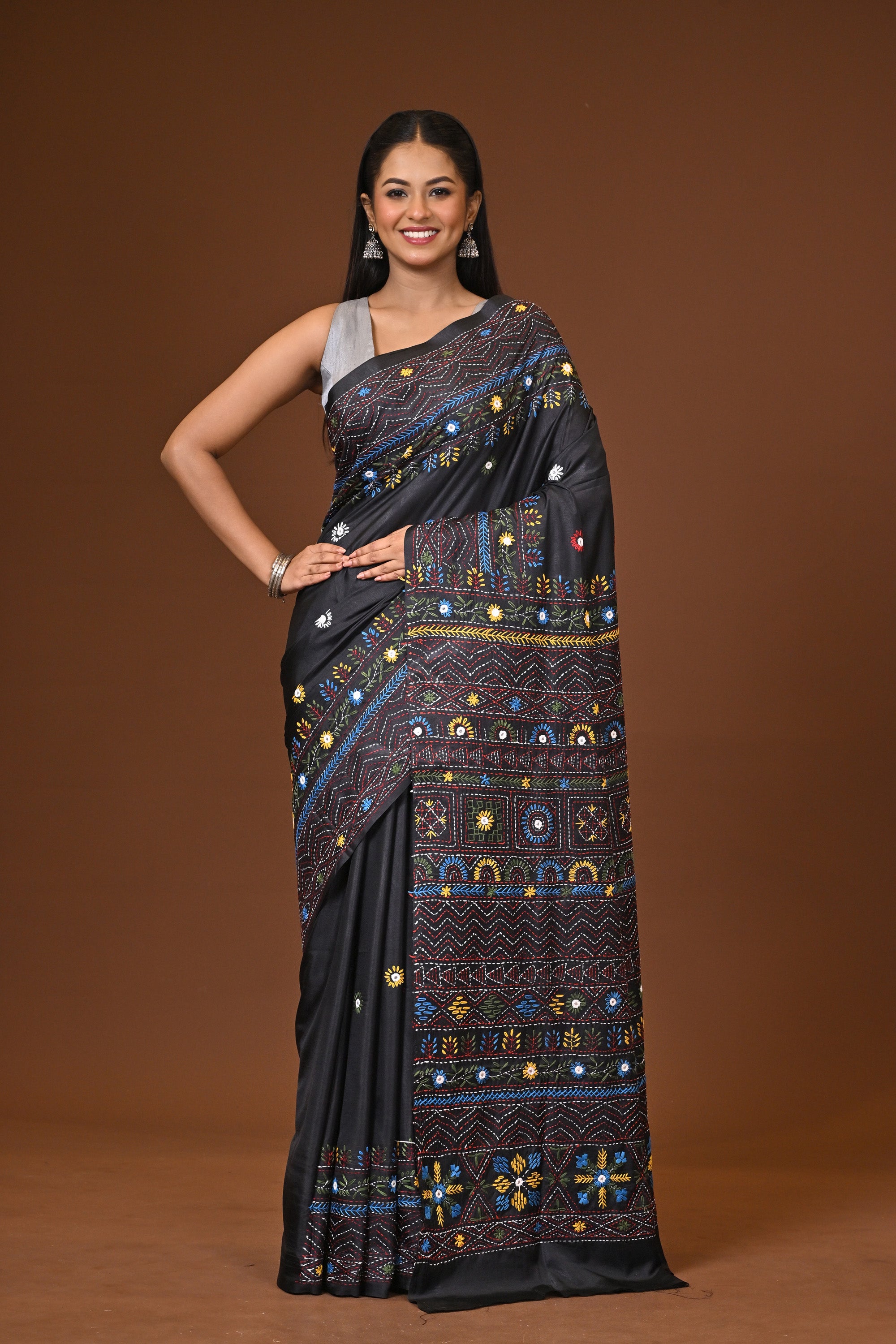 Blended Silk Kantha Stitch Saree Black Thumbnail