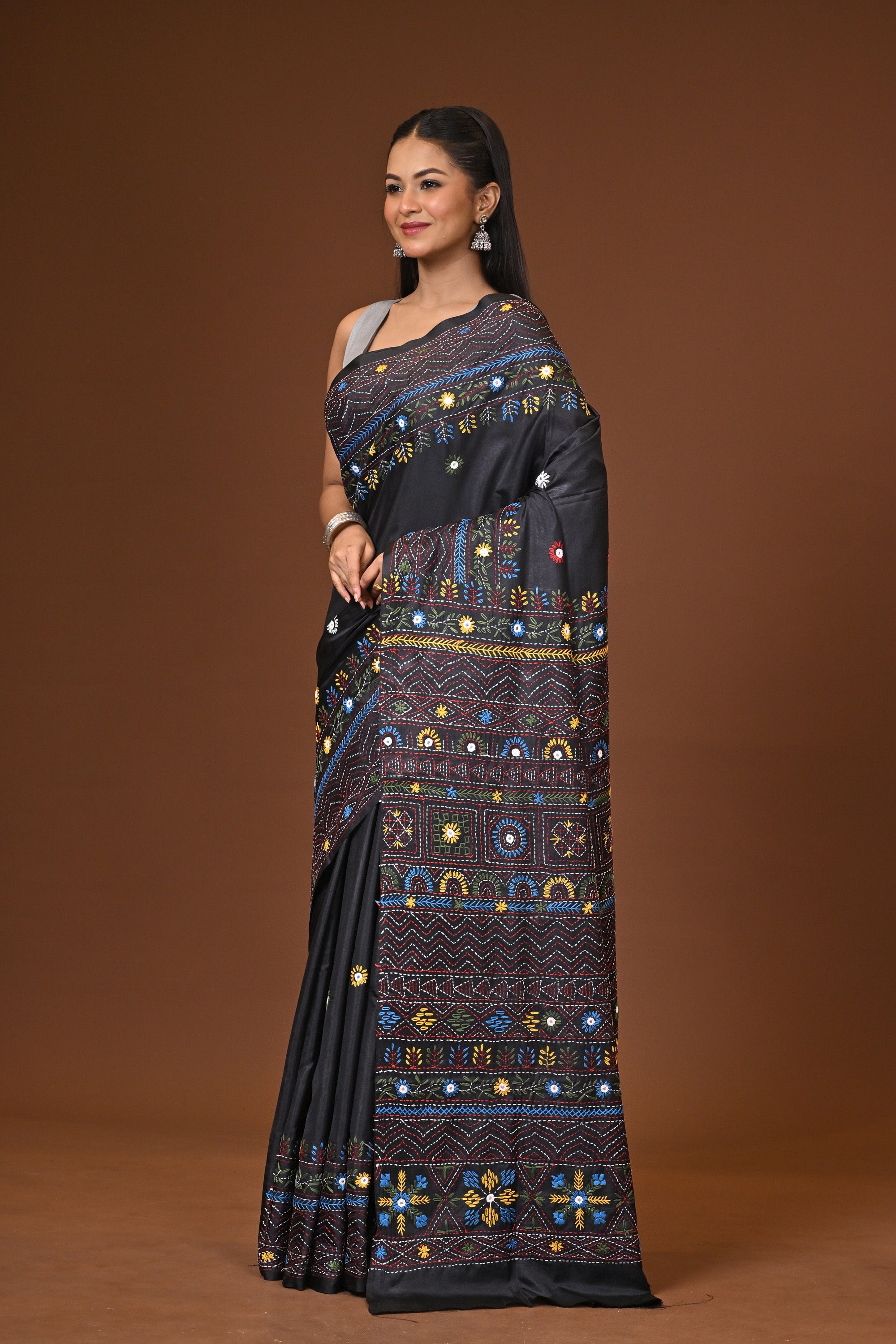 Blended Silk Kantha Stitch Saree Black Thumbnail
