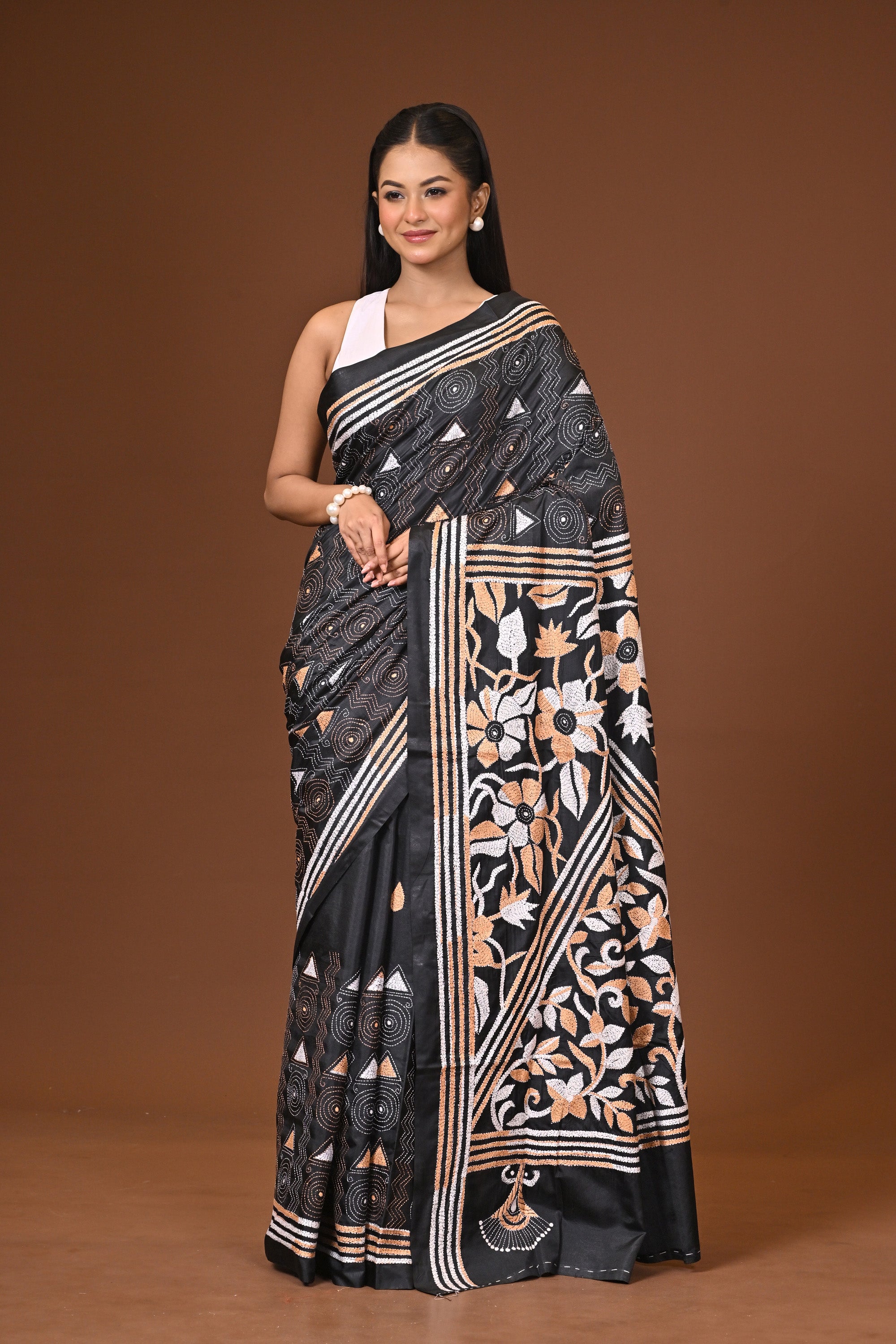 Blended Silk Kantha Stitch Saree Black Thumbnail