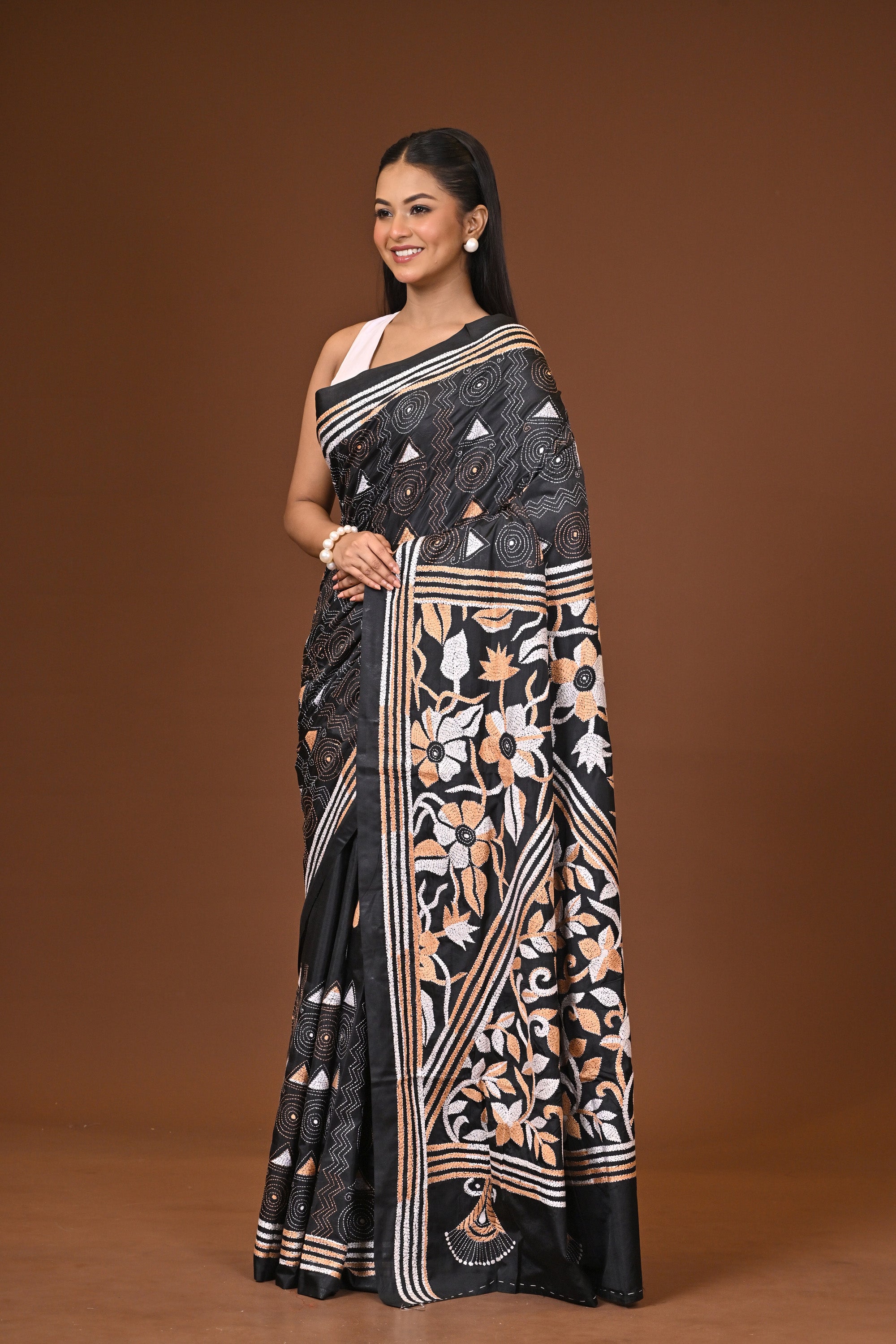 Blended Silk Kantha Stitch Saree Brown