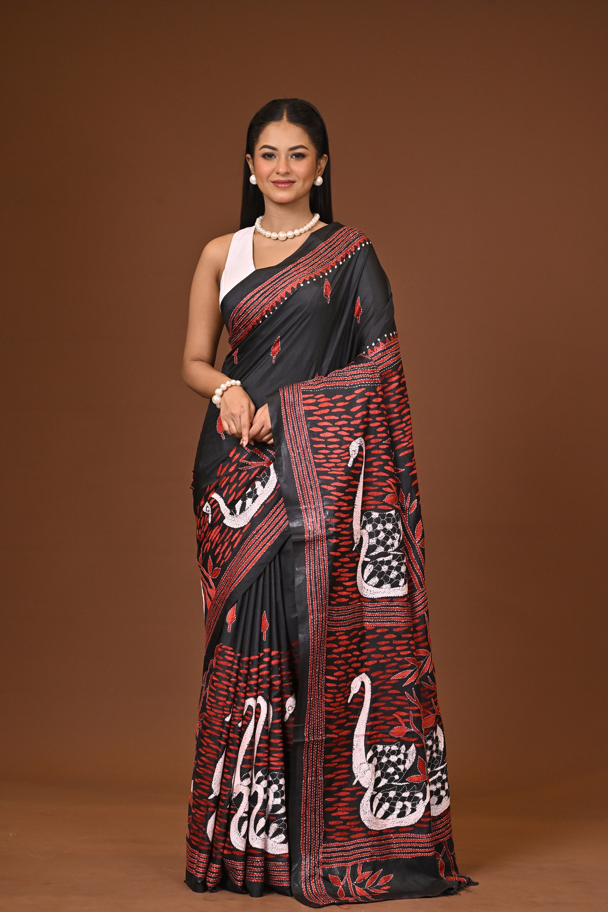 Blended Silk Kantha Stitch Saree Black