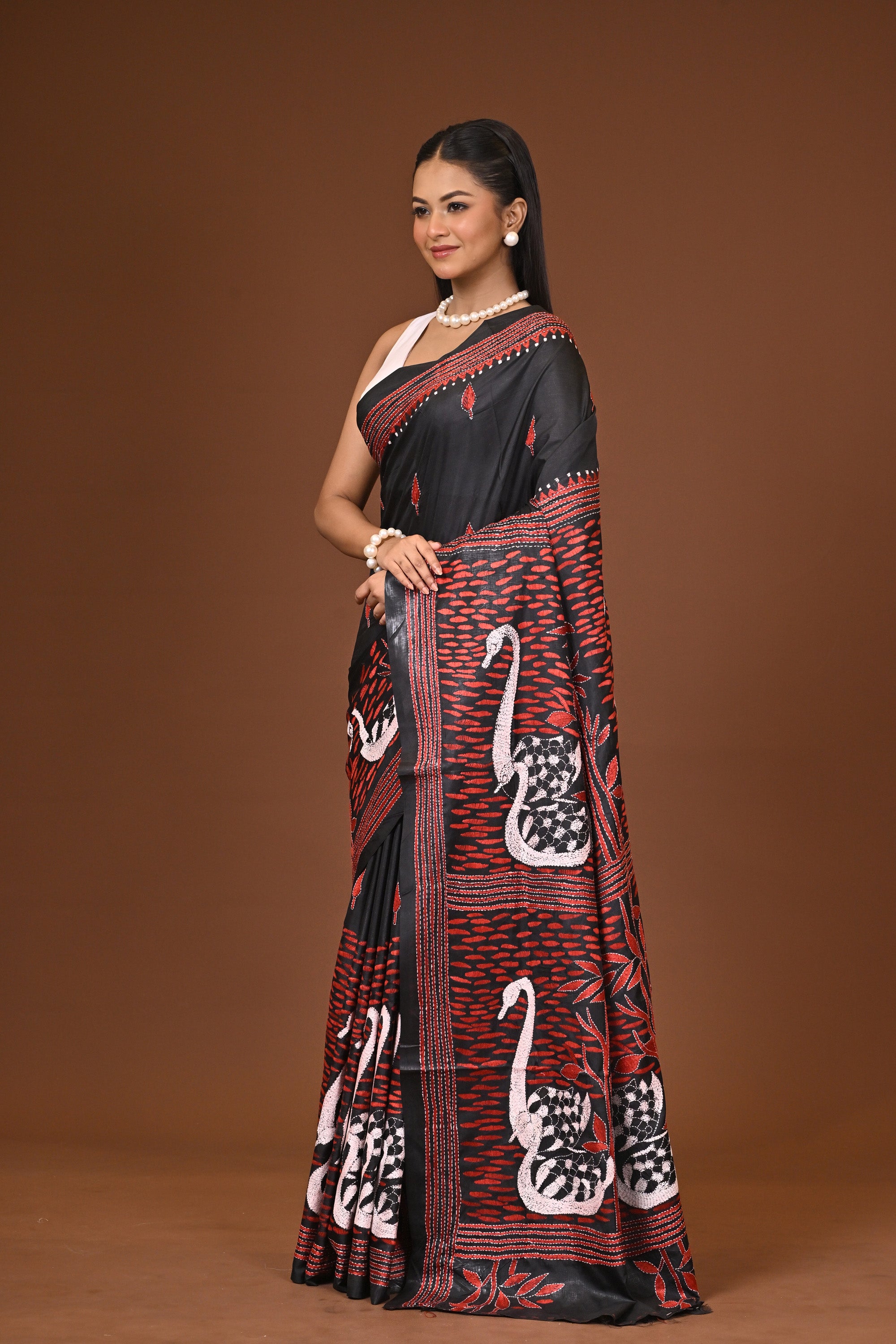 Blended Silk Kantha Stitch Saree Black Thumbnail