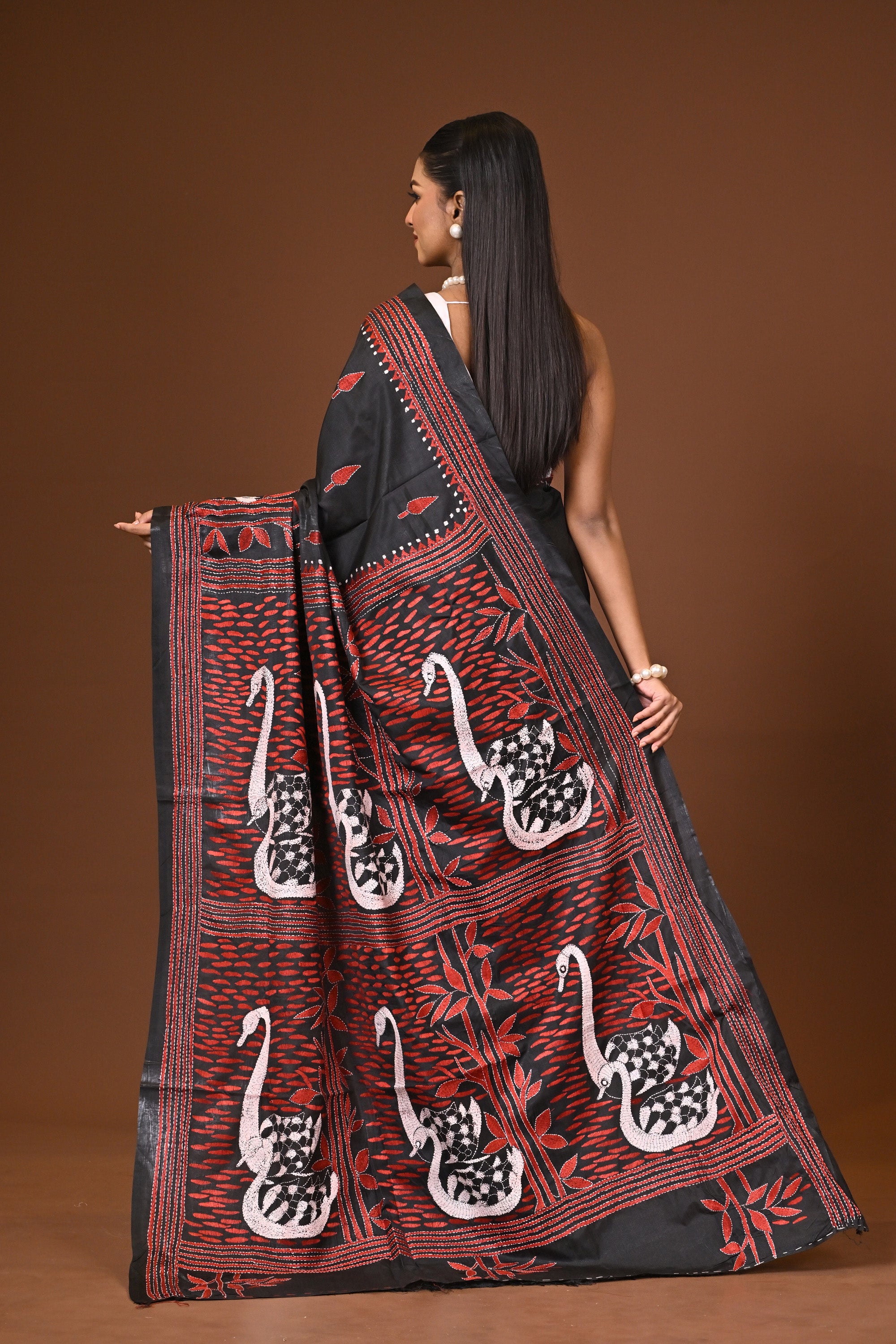 Blended Silk Kantha Stitch Saree Golden