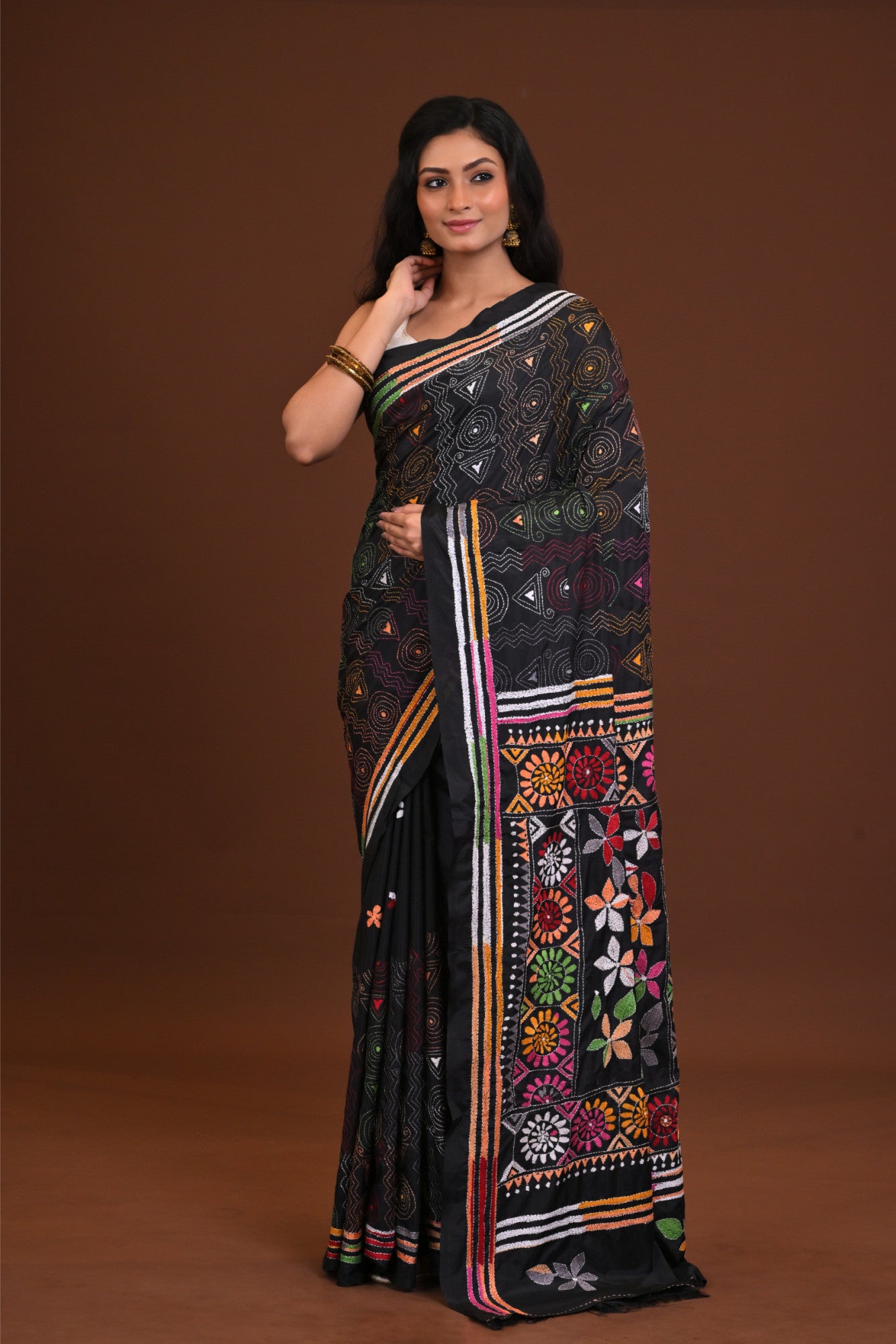 Blended Silk Kantha Stitch Saree Black Thumbnail