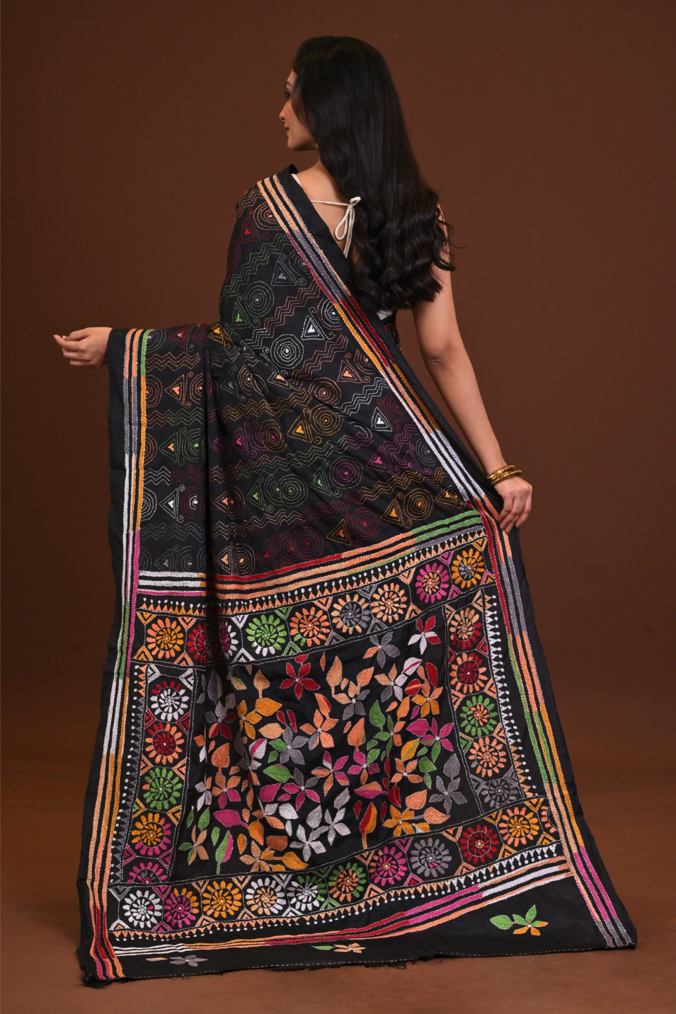 Blended Silk Kantha Stitch Saree Black Thumbnail