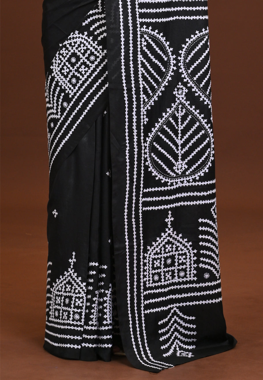 Blended Silk Kantha Stitch Saree Black Thumbnail