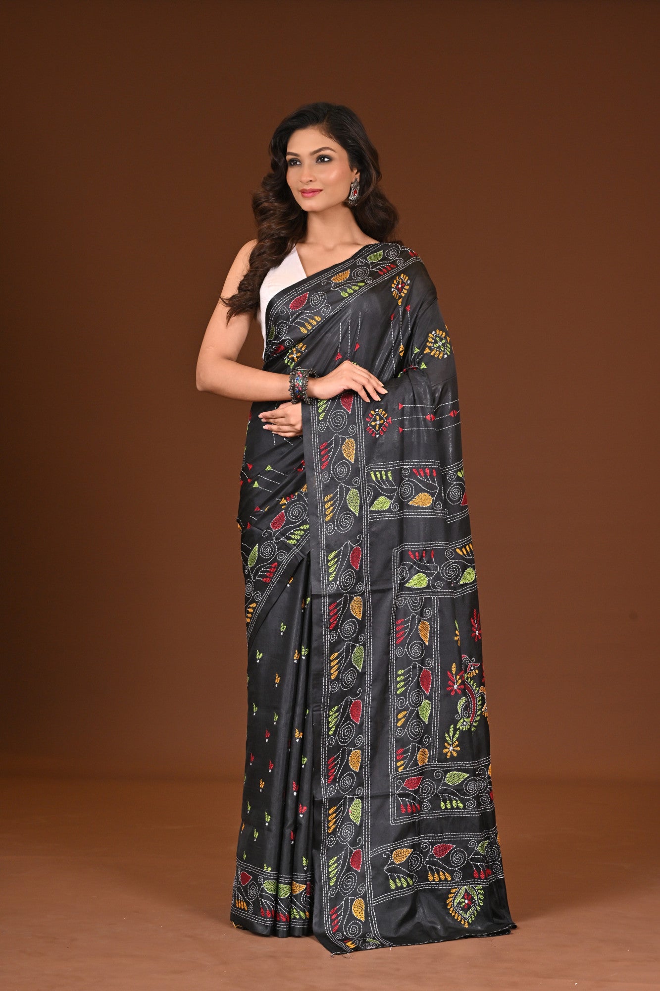 Blended Silk Kantha Stitch Saree Black Thumbnail