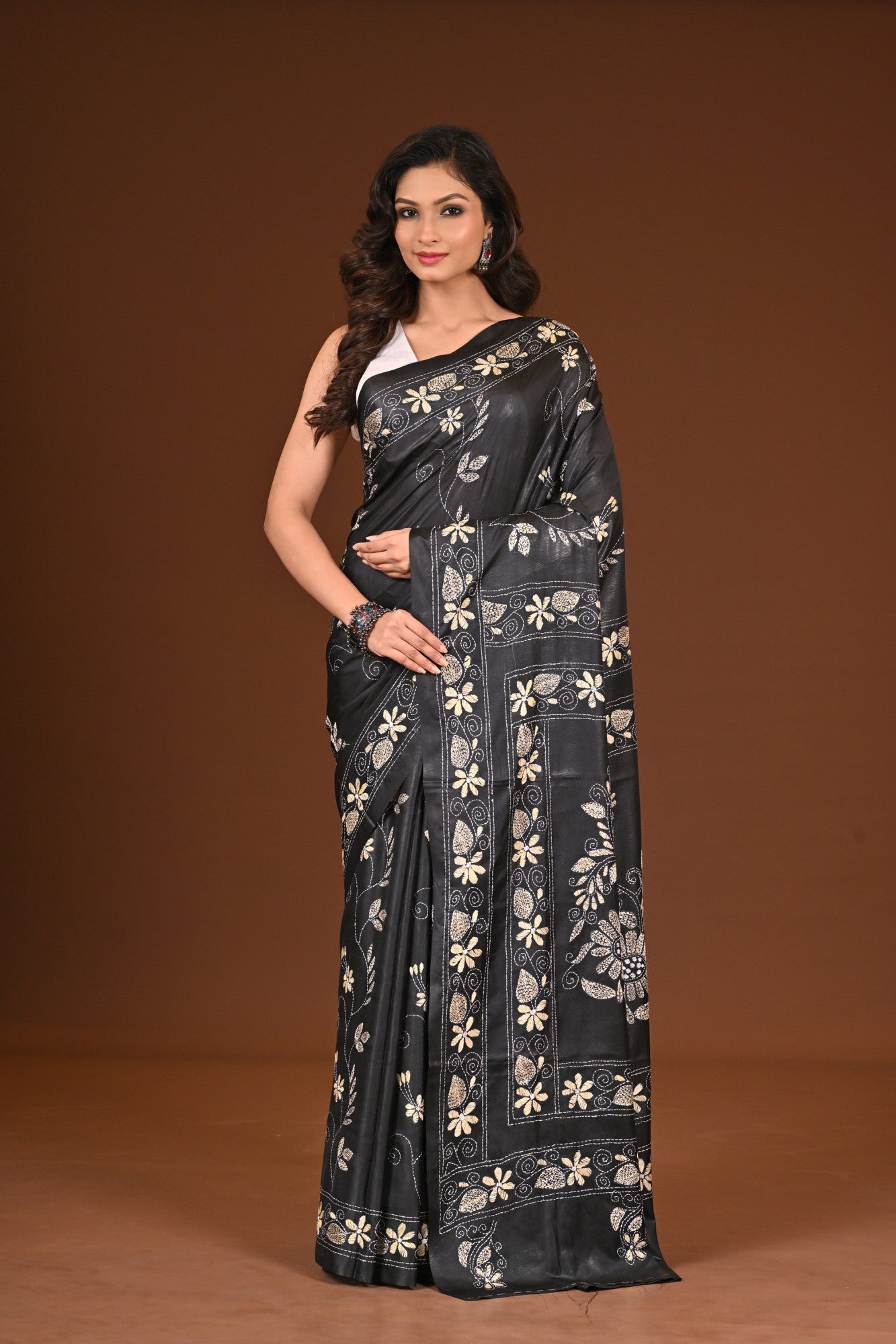 Blended Silk Kantha Stitch Saree Black