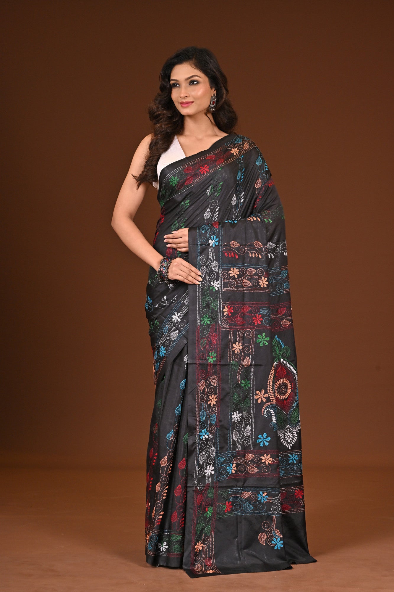 Blended Silk Kantha Stitch Saree Black