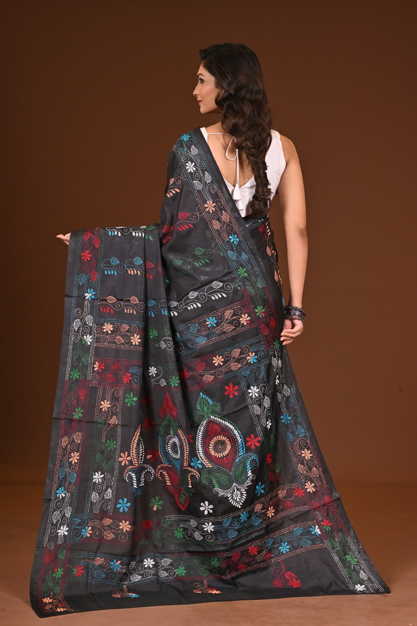 Blended Silk Kantha Stitch Saree Black Thumbnail