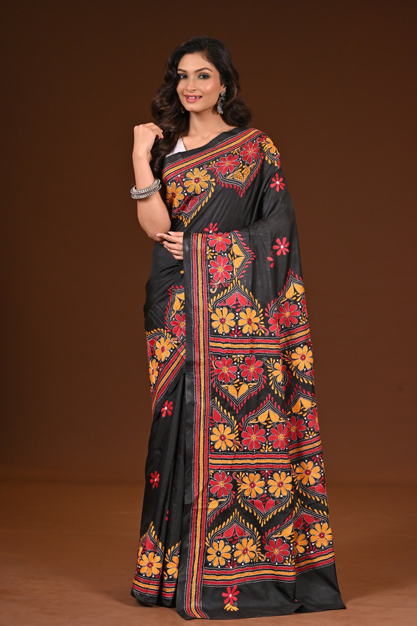 Blended Silk Kantha Stitch Saree Black Thumbnail
