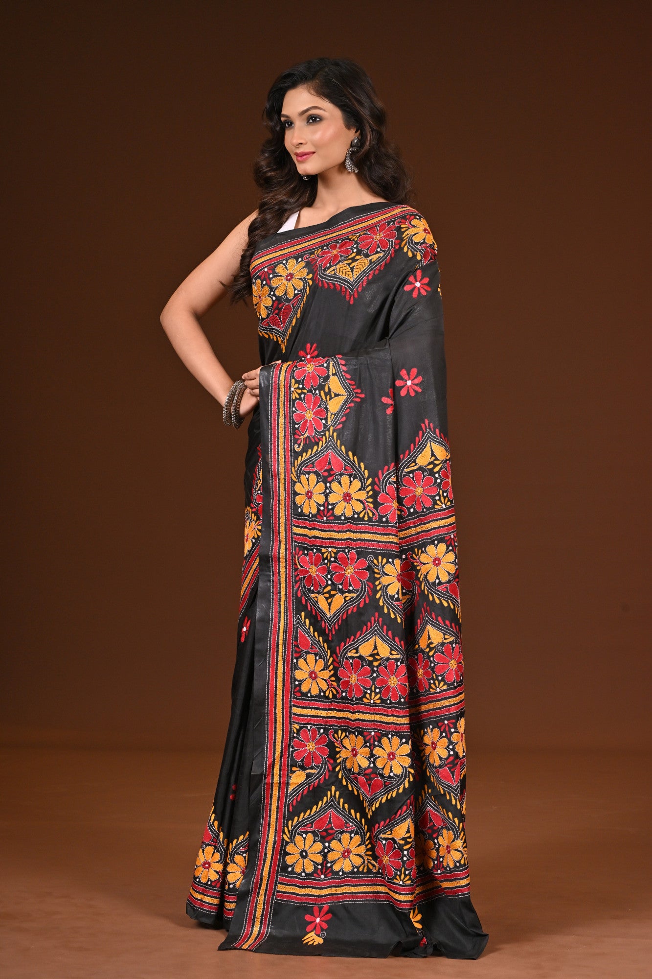 Blended Silk Kantha Stitch Saree Black Thumbnail