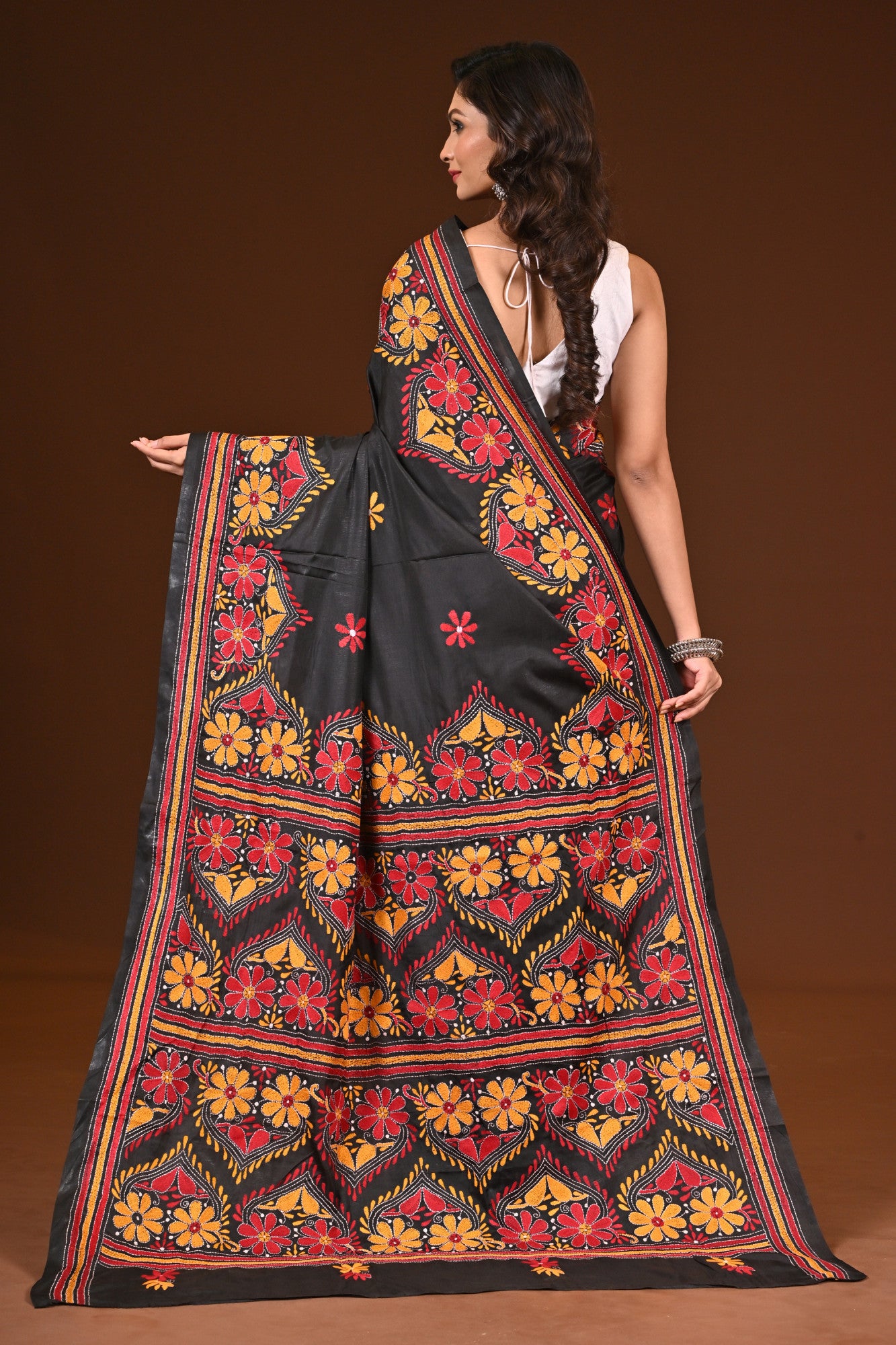 Blended Silk Kantha Stitch Saree Black Thumbnail