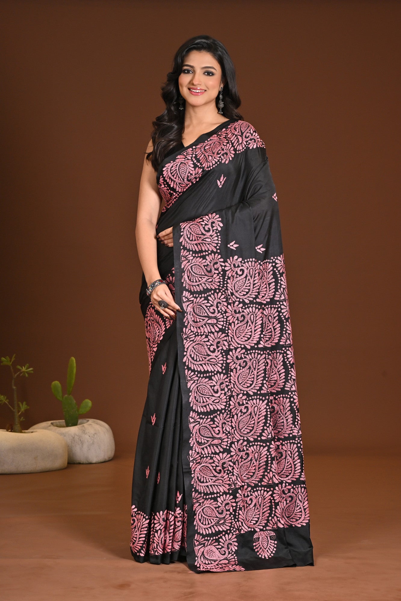 Blended Silk Kantha Stitch Saree Black