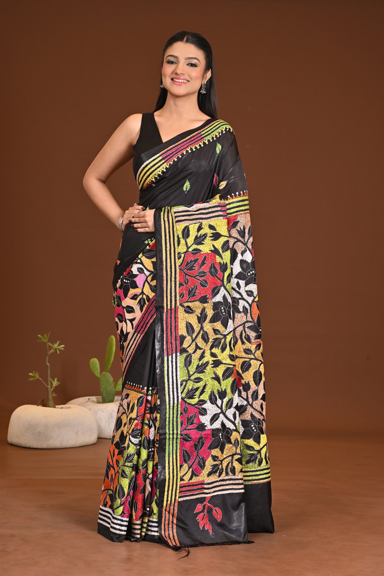 Blended Silk Kantha Stitch Saree Black Thumbnail