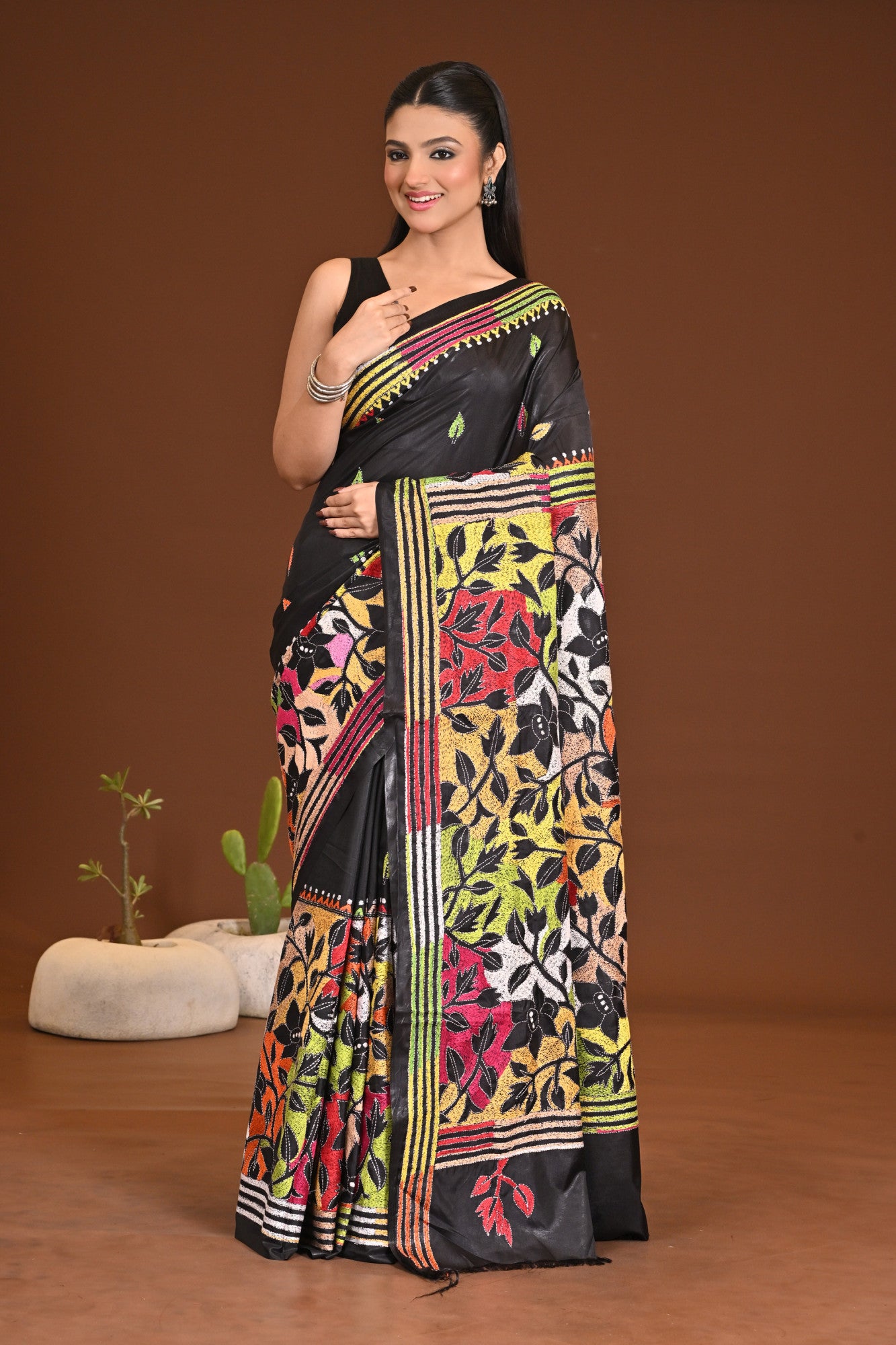 Blended Silk Kantha Stitch Saree Black Thumbnail