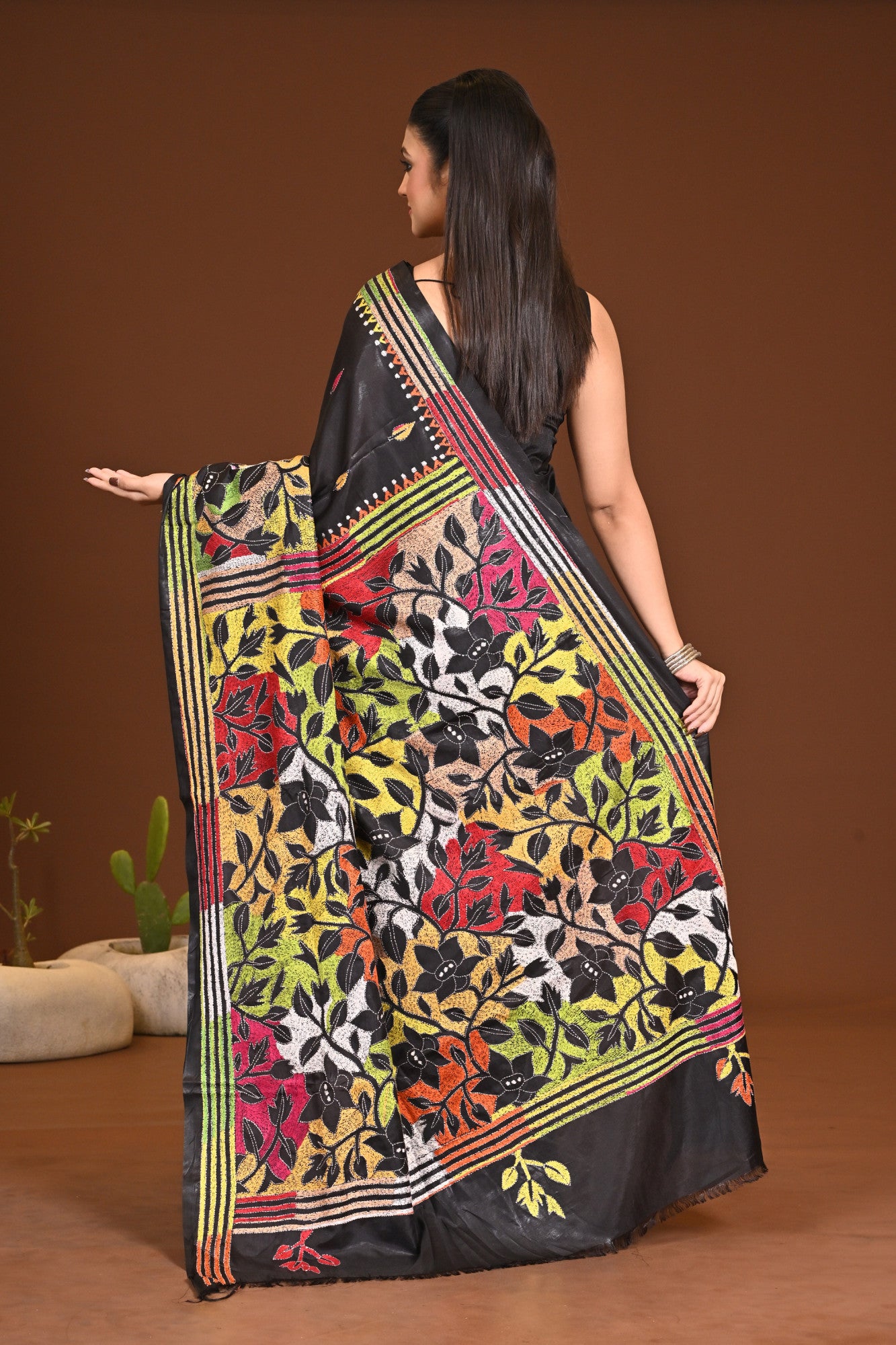 Blended Silk Kantha Stitch Saree Black Thumbnail