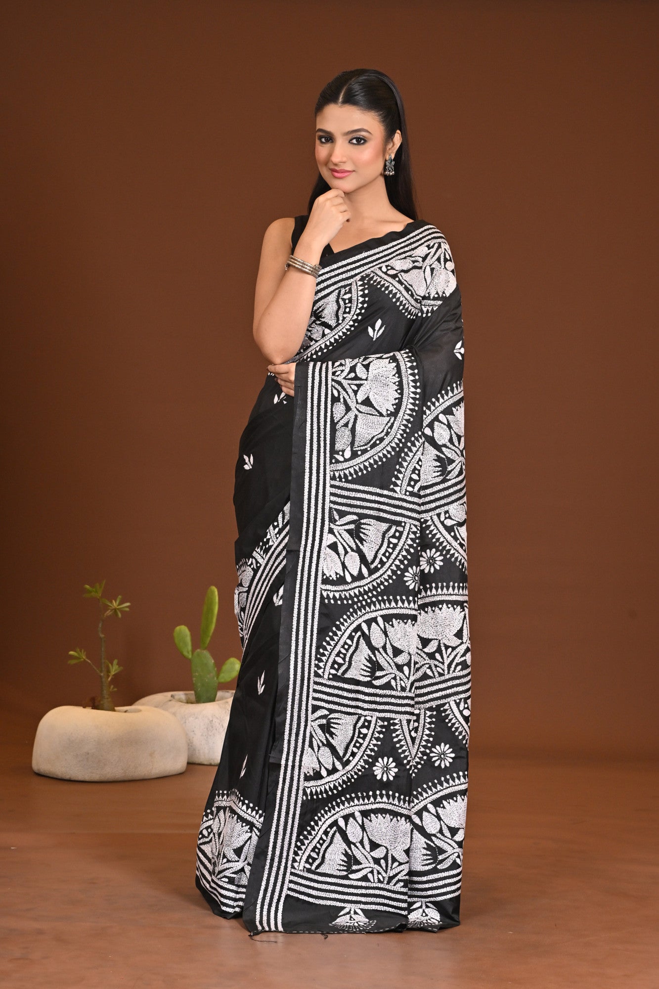 Blended Silk Kantha Stitch Saree Black Thumbnail