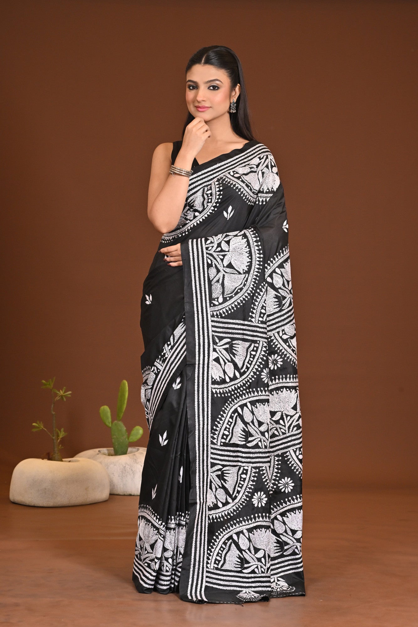 Blended Silk Kantha Stitch Saree Black Thumbnail