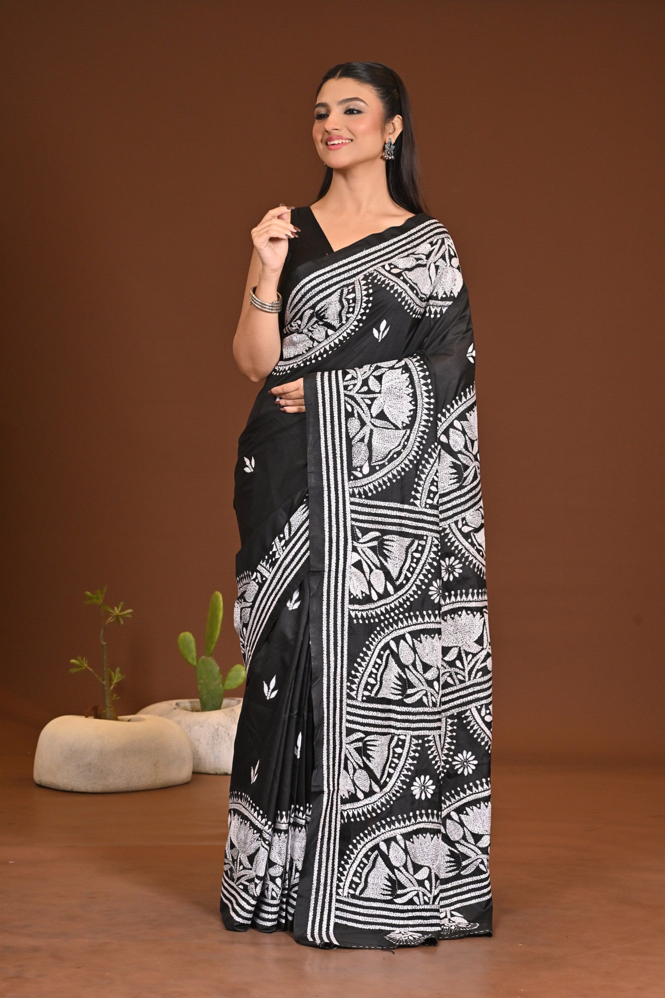 Blended Silk Kantha Stitch Saree Black Thumbnail