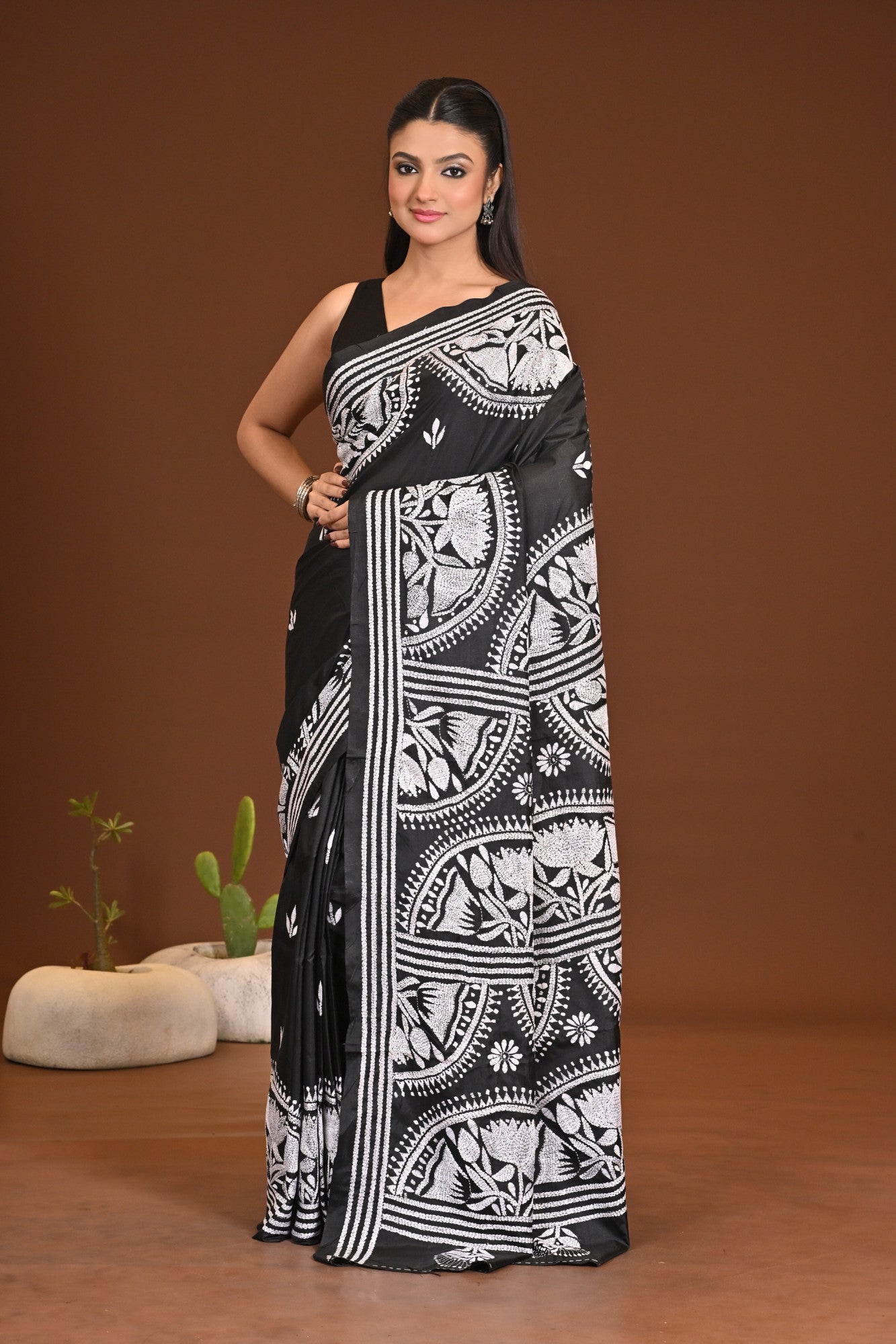 Blended Silk Kantha Stitch Saree Black Thumbnail