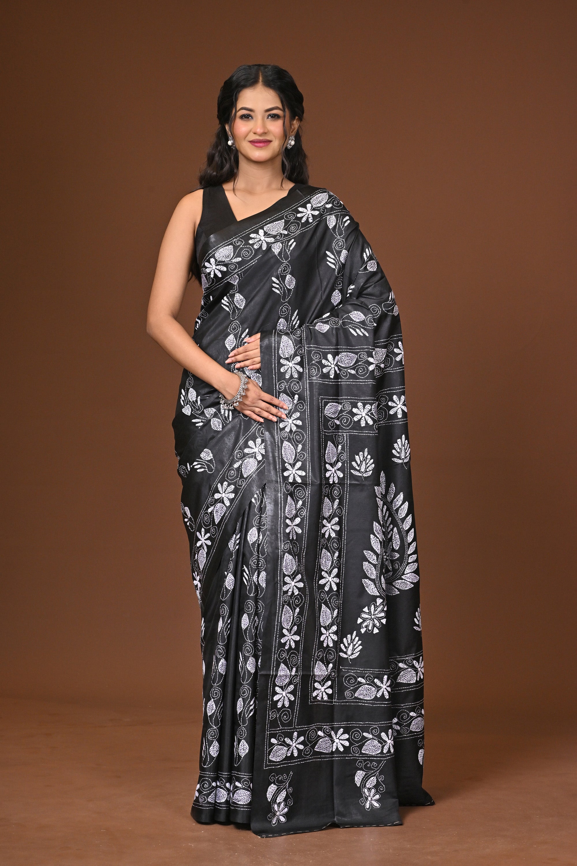 Blended Silk Kantha Stitch Saree Black Thumbnail