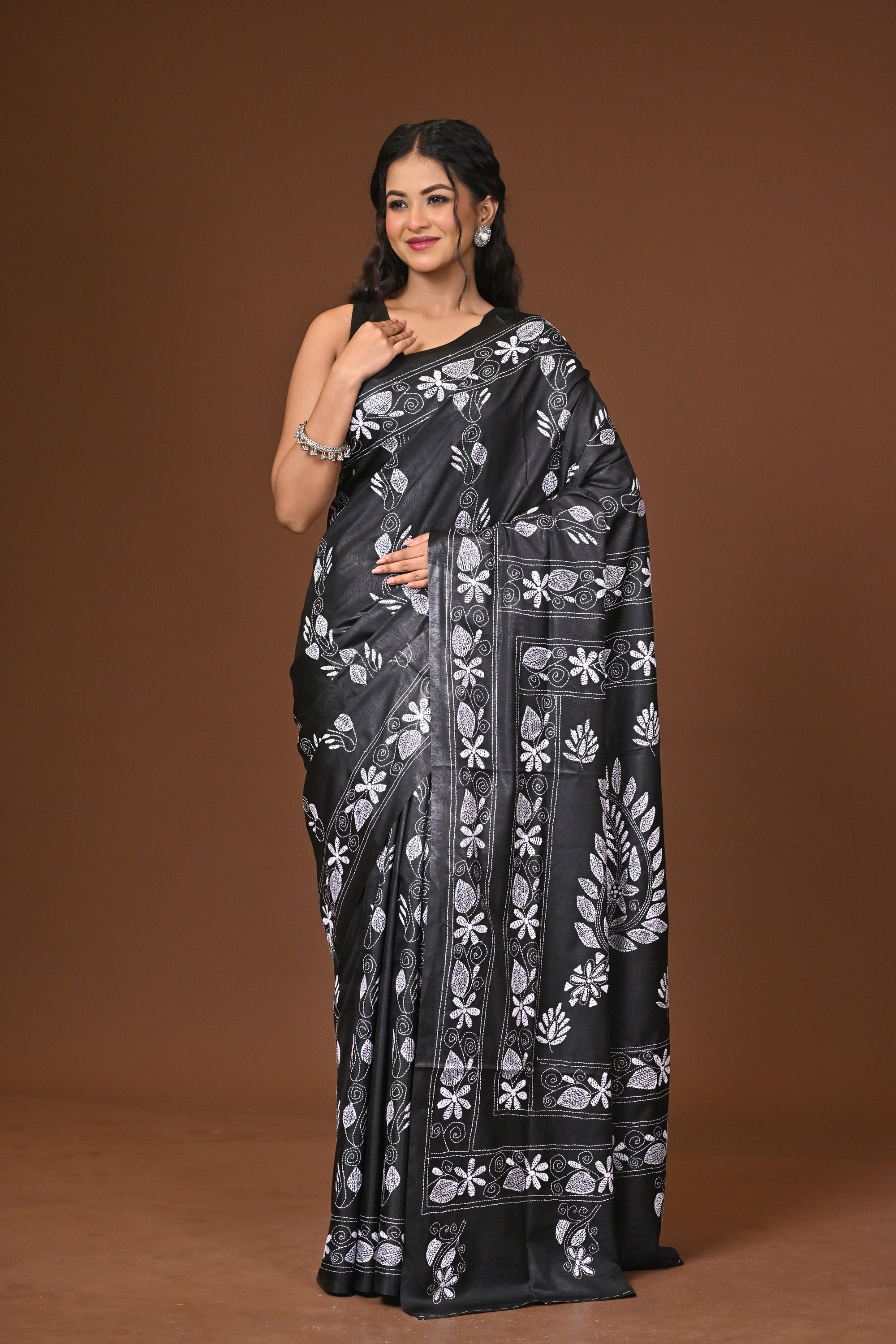 Blended Silk Kantha Stitch Saree Black Thumbnail