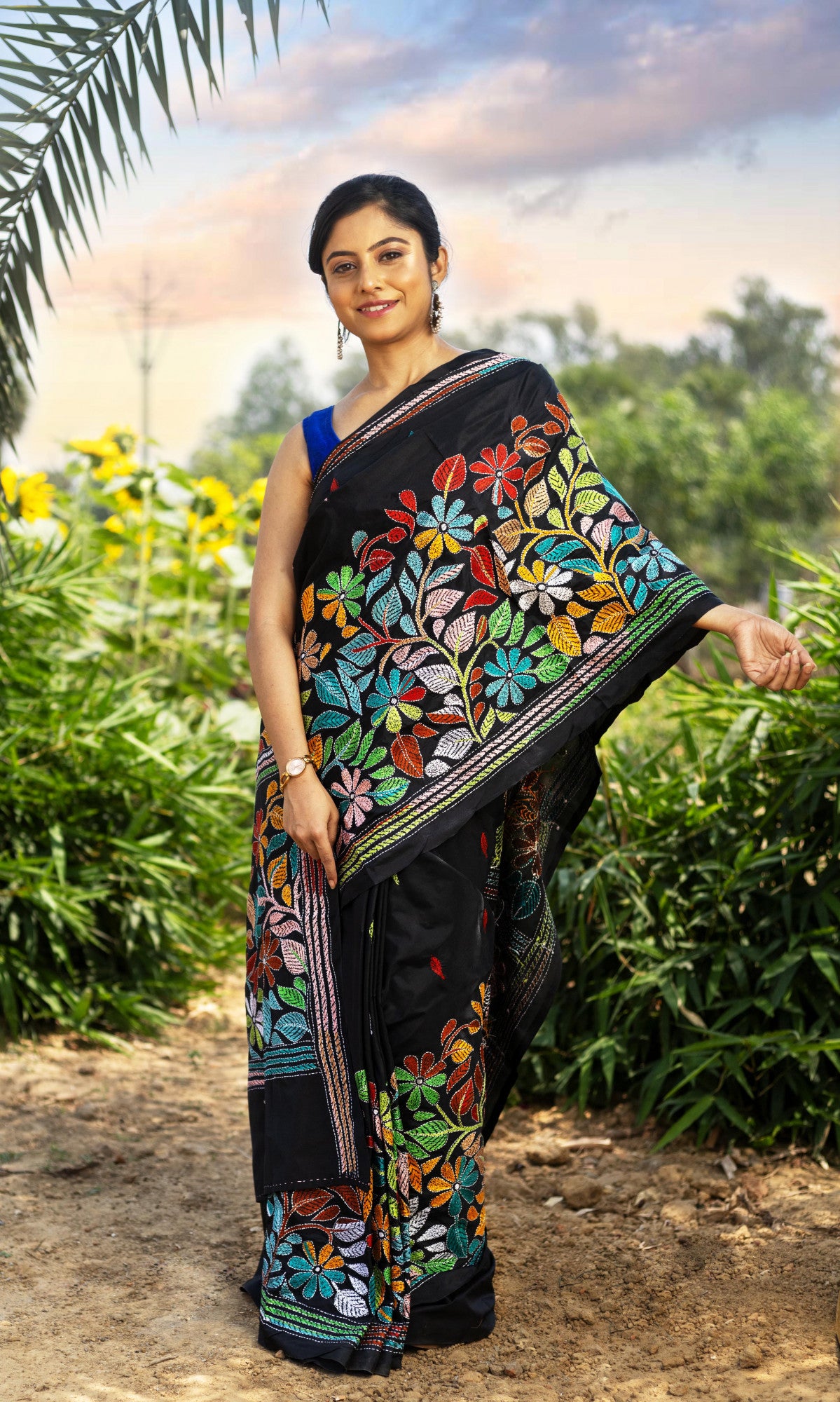 Blended Silk Kantha Stitch Saree Black