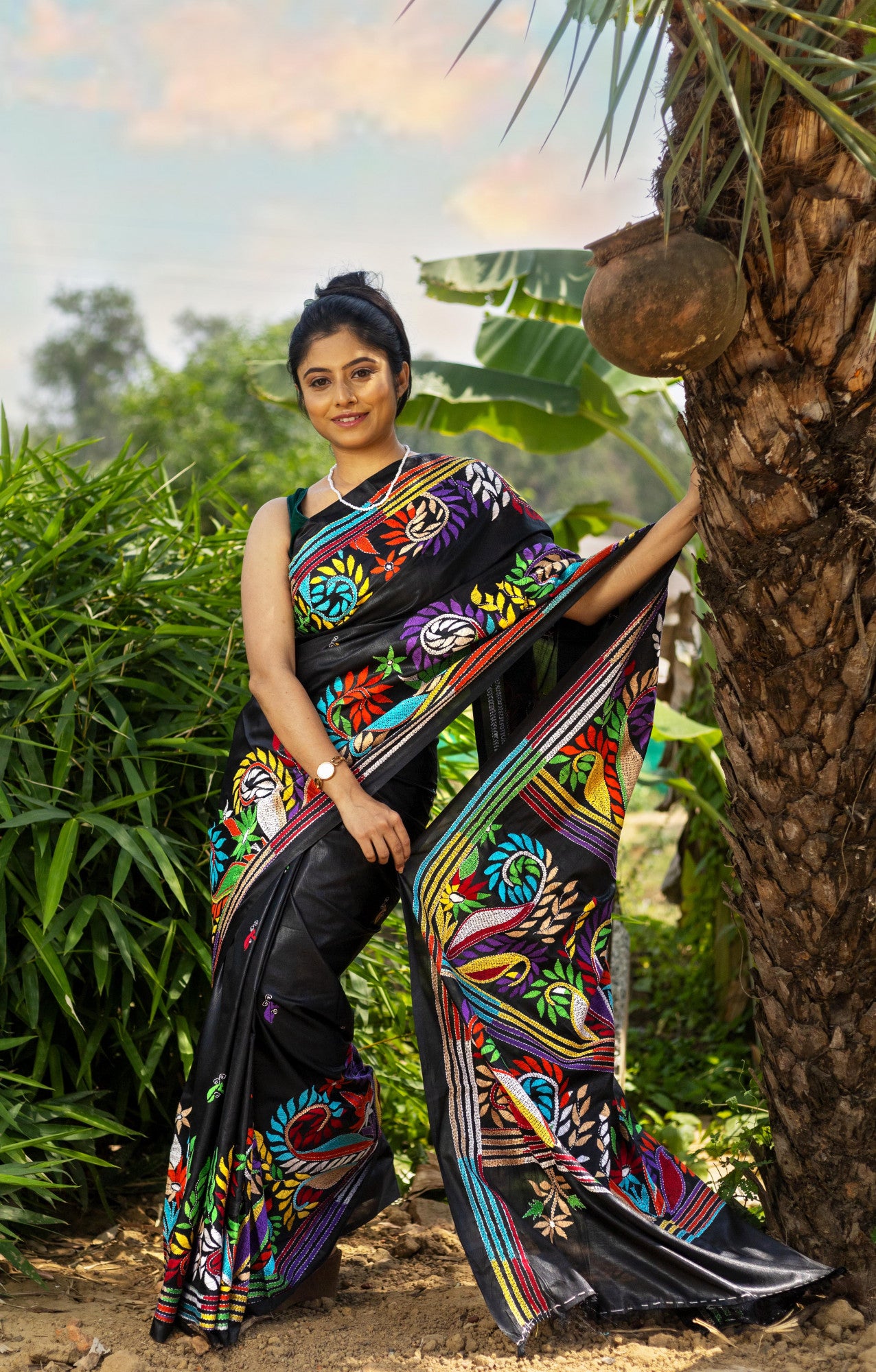 Blended Silk Kantha Stitch Saree Black
